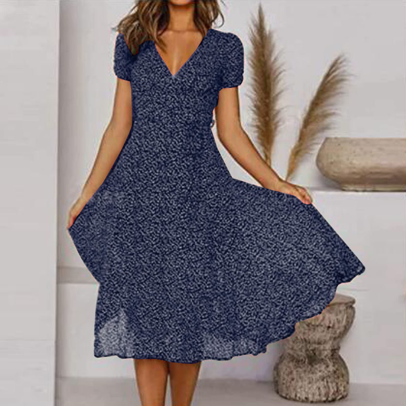AMhomely Women's Summer Dresses - Elegant V-Neck Bandage Print Casual Short Sleeve Maxi Dress for Special Occasions | Plus Size & Petite Options | Perfect for Beach Vacations, Date Nights & Summer Parties