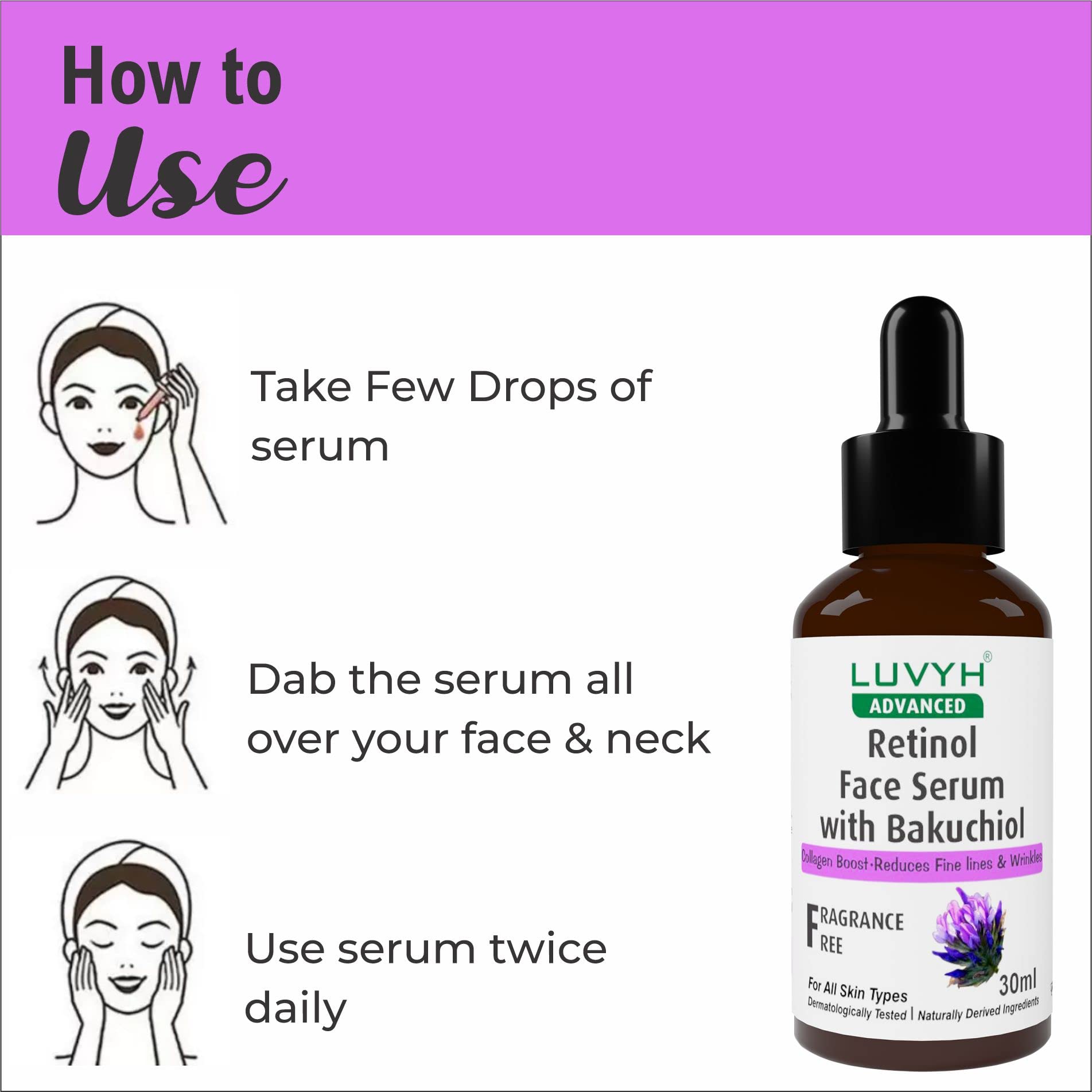 Luvyh Retinol Face Serum with Bakuchiol - Anti-Aging Treatment Reduces Fine Lines & Wrinkles, Boosts Collagen for Youthful Skin | 100% Vegan, Fragrance-Free 30ml | Perfect for Night Routine & Dry Skin Care