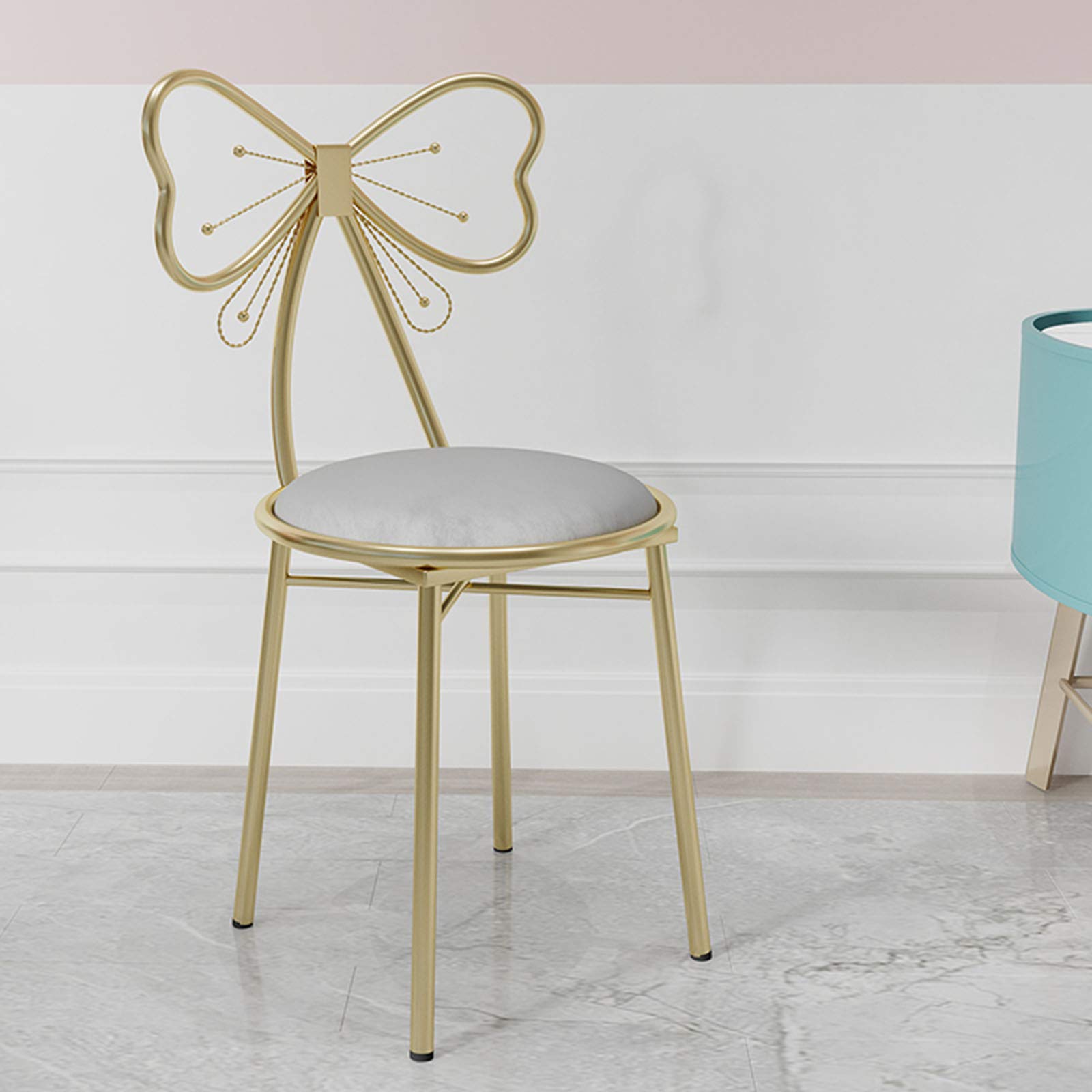 Golden Backrest Makeup Chair with Butterfly Bowknot - Flannel/PU Leather Vanity Stool for Bedroom, Dressing Table & Reading Nook - 82CM Gray Flannel Seat - Elegant Girls' Room Decor for Home & Salon Use