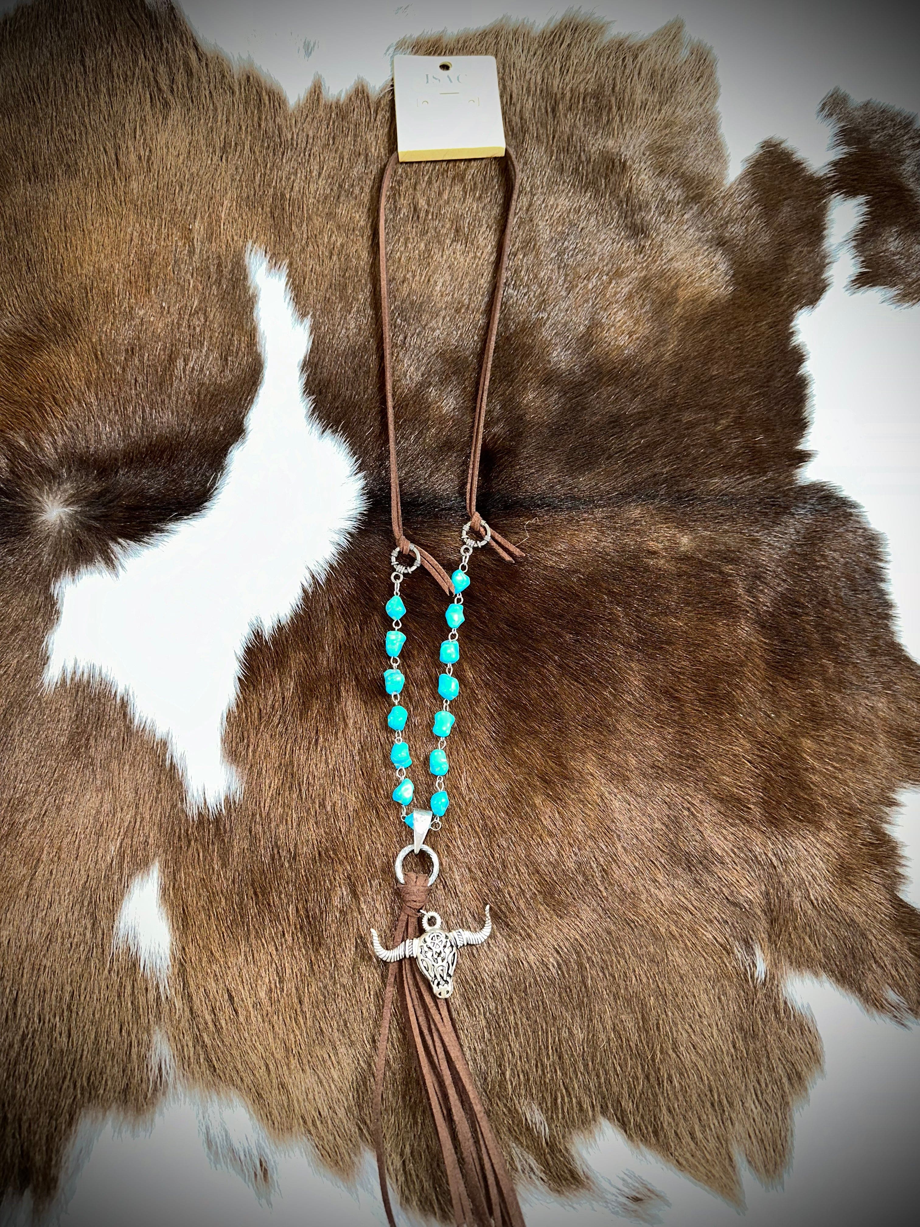 Western Style Leather Tassel Necklace with Steer Head & Turquoise Stone Pendant - Perfect for Cowgirl Fashion, Country Concerts and Boho Chic Outfits