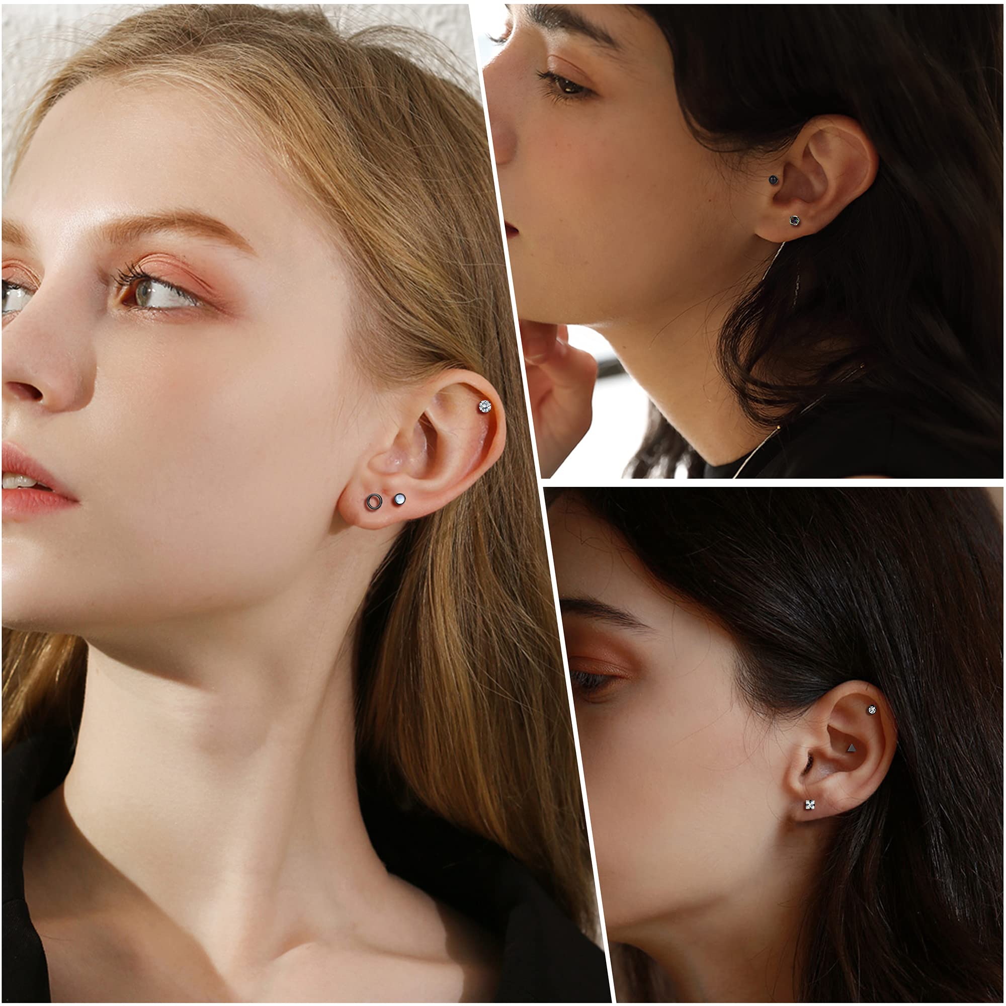 TEN MIRO 18 Pairs Tiny Cartilage Stud Earrings Set for Women & Men - 316L Stainless Steel 20G Helix Earrings with Moon, Star, Heart CZ & Opal Designs - Flat Back Piercing Jewelry (Black) - Perfect for Daily Wear, Gifts & Multiple Ear Piercings