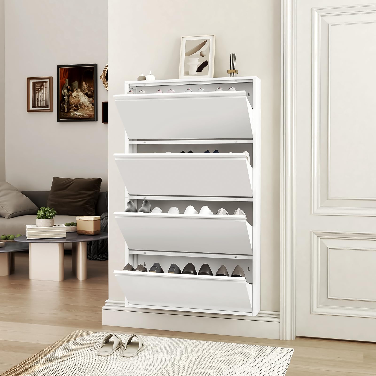 LucyPal 4-Tier Wall Mounted Shoe Storage Cabinet - White Narrow Flip-Drawer Shoe Organizer for Entryway, Hallway & Living Room (56.9