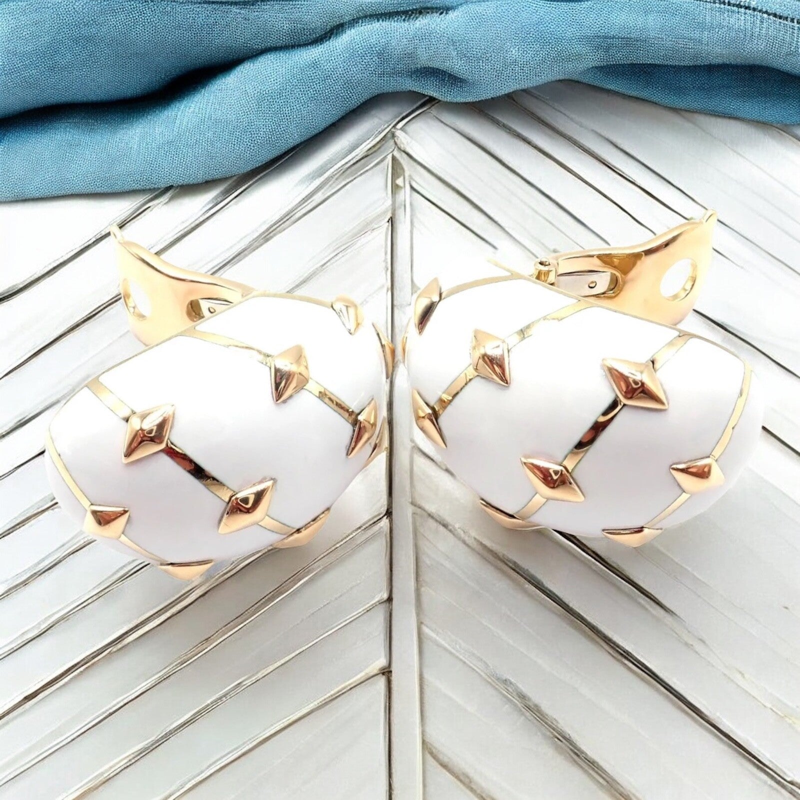 Tiffany & Co Schlumberger Dot Losange 18k Yellow Gold White Enamel Hoop Earrings | Luxury Designer Jewelry for Women | Perfect for Parties, Weddings & Special Occasions