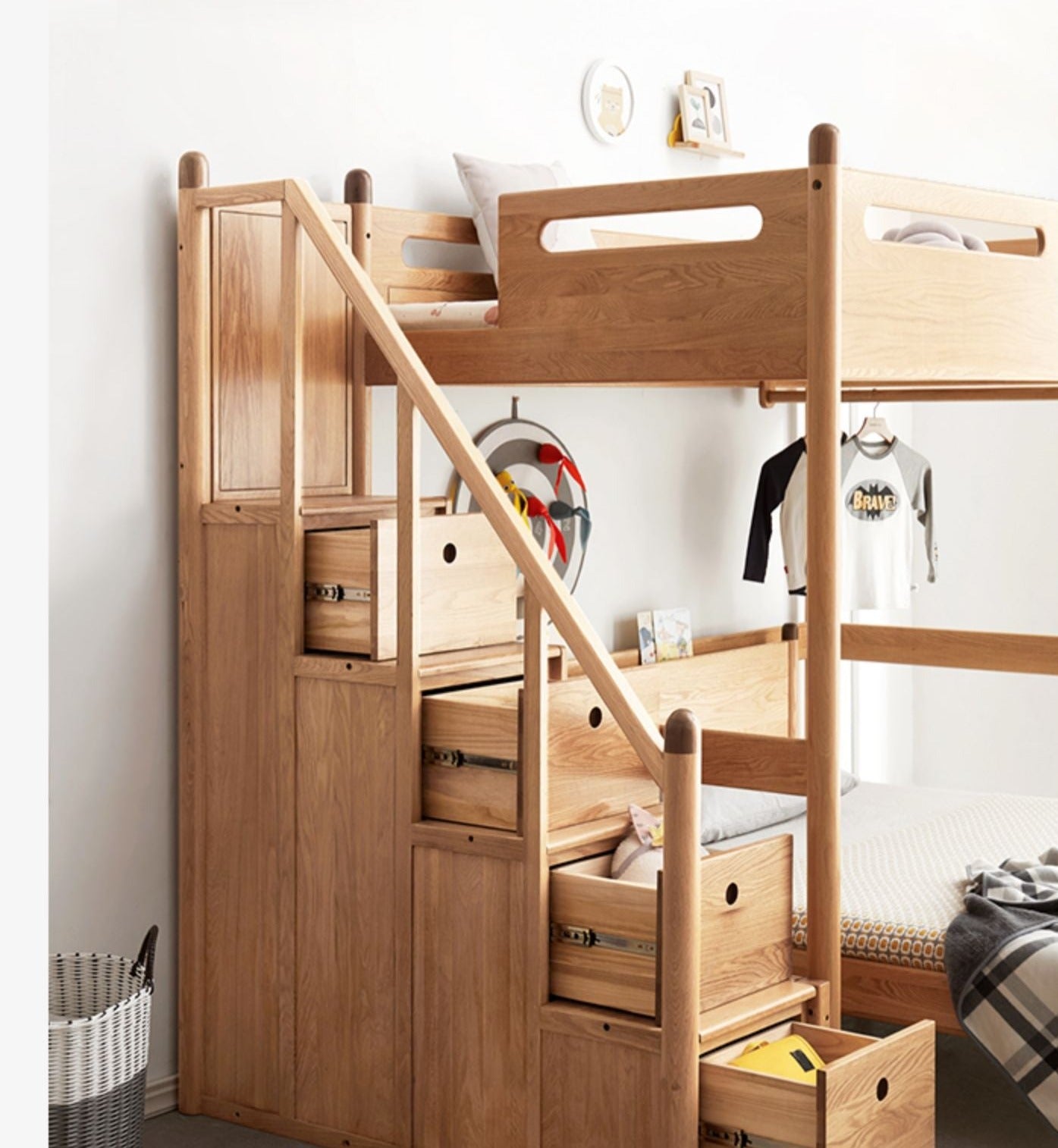 Solid Oak Wood Loft Bed with Storage Cabinet - Space-Saving Furniture for Small Rooms, Kids Bedroom & Dormitory