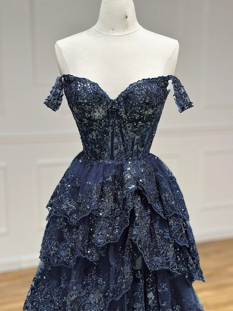Elegant A-Line Tulle Sequin Dark Blue Long Prom Dress for Women - Formal Evening Gown for Homecoming, Ball, Wedding & Special Occasions