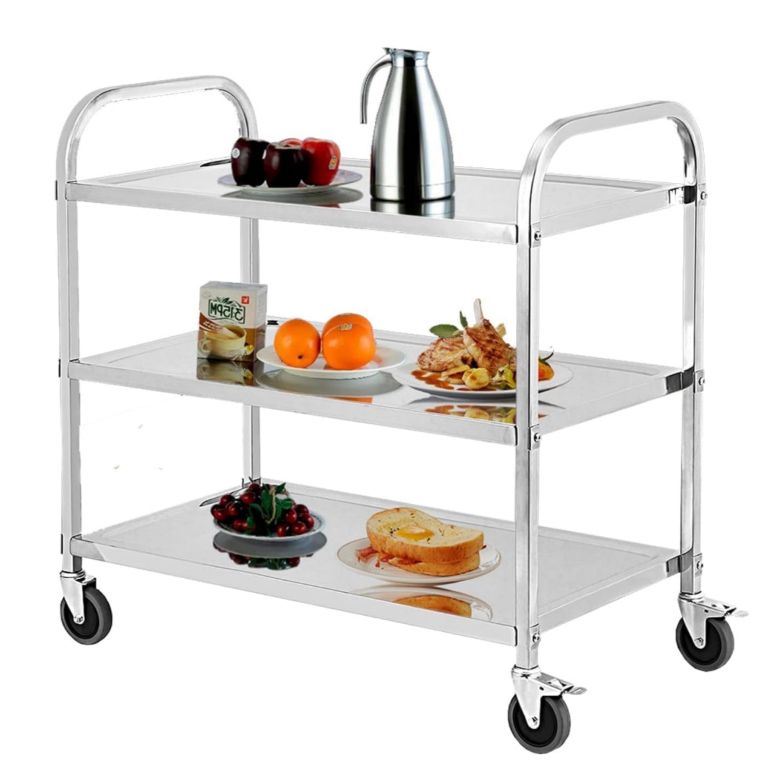 GARVEE 3-Tier Heavy Duty Stainless Steel Utility Cart with Handle & Locking Wheels - 265Lbs Capacity (85x45x90cm) - Perfect for Kitchen, Restaurant, Hospital, Lab & Home Organization