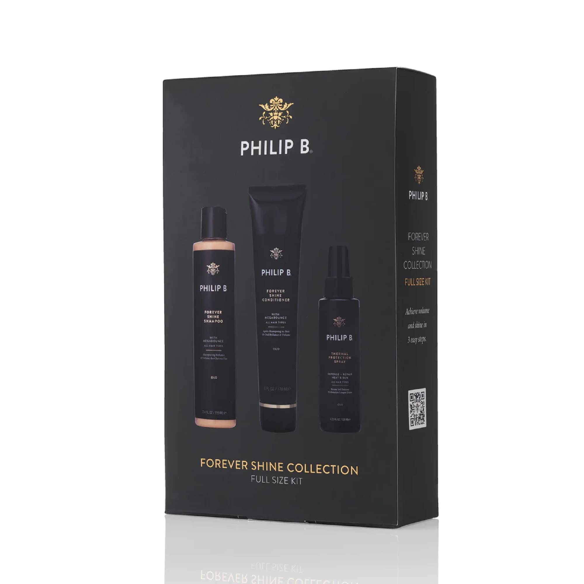 PHILIP B. Forever Shine Collection Full Size Kit - Shine Enhancing Shampoo, Conditioner & Heat Protectant Spray for Smooth, Glossy Hair | Salon-Quality Hair Care for Daily Use & Special Occasions
