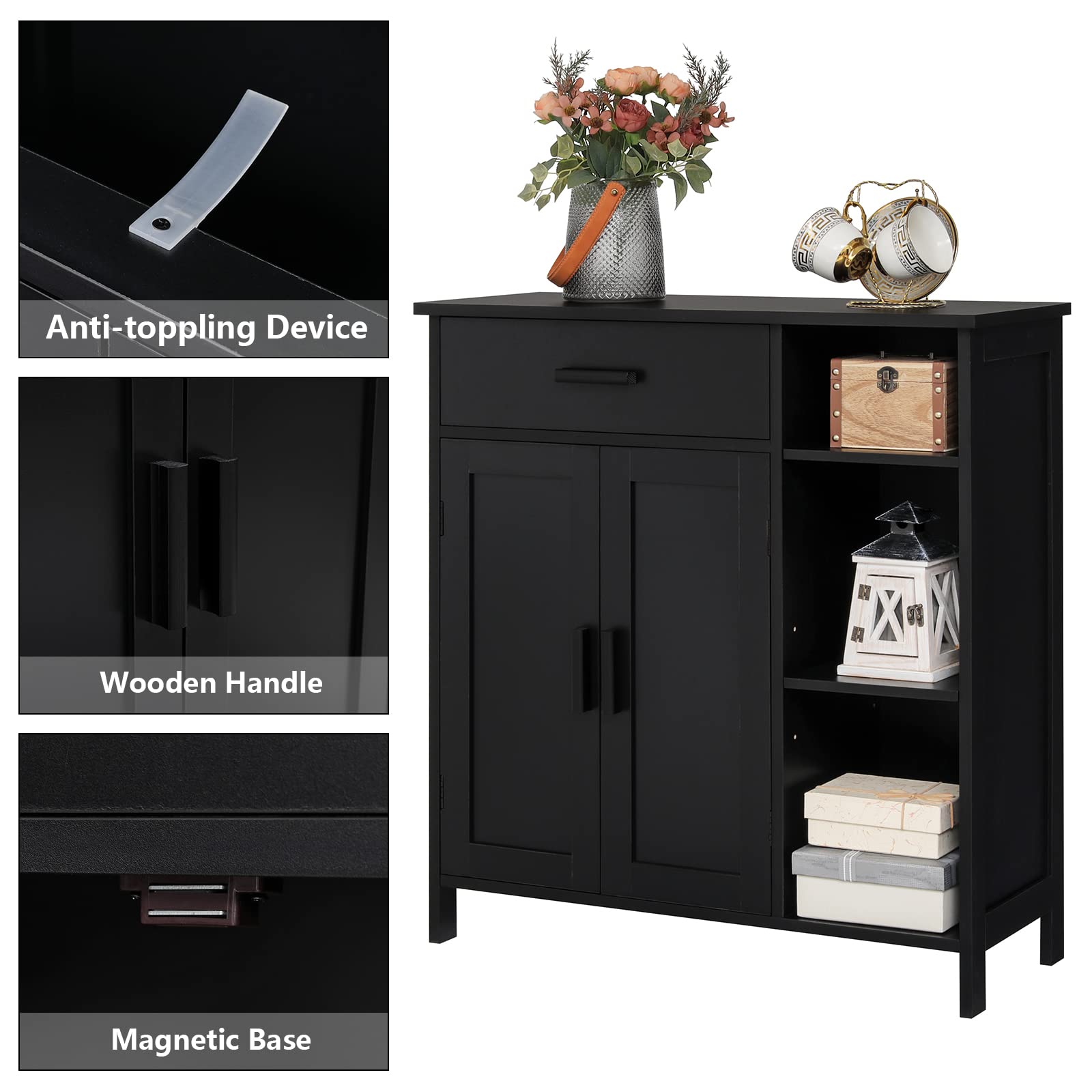 WEENFON Freestanding Storage Cabinet with Doors, Drawers & Shelves - Bathroom Organizer, Coffee Bar Cabinet for Living Room - Black (Perfect for Small Spaces & Home Organization)