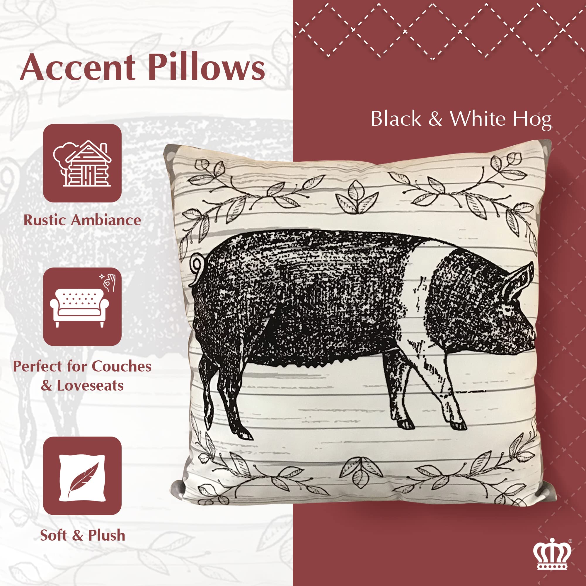 Virah Bella Black and White Hog Throw Pillow 18x18 Inches - Decorative Farmhouse & Lodge Style Couch Pillow - Perfect for Living Room, Bedroom, and Cabin Décor