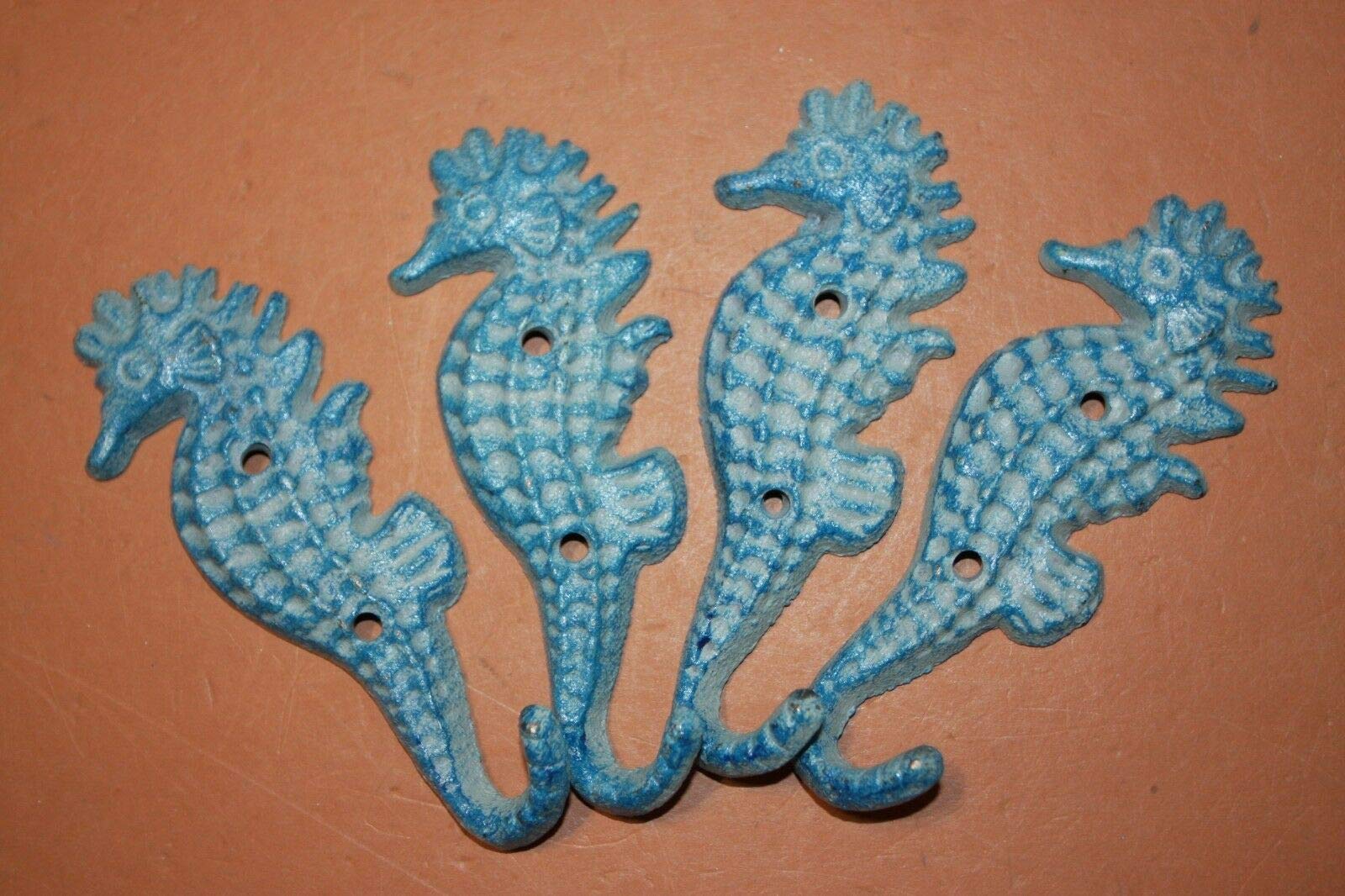 Nautical Blue Seahorse Metal Wall Hooks - Heavy Duty Cast Iron Hooks (Set of 4) for Hanging Coats, Hats, Towels & Home Decor | Rustic Coastal Wall Decor for Bathroom, Bedroom & Entryway