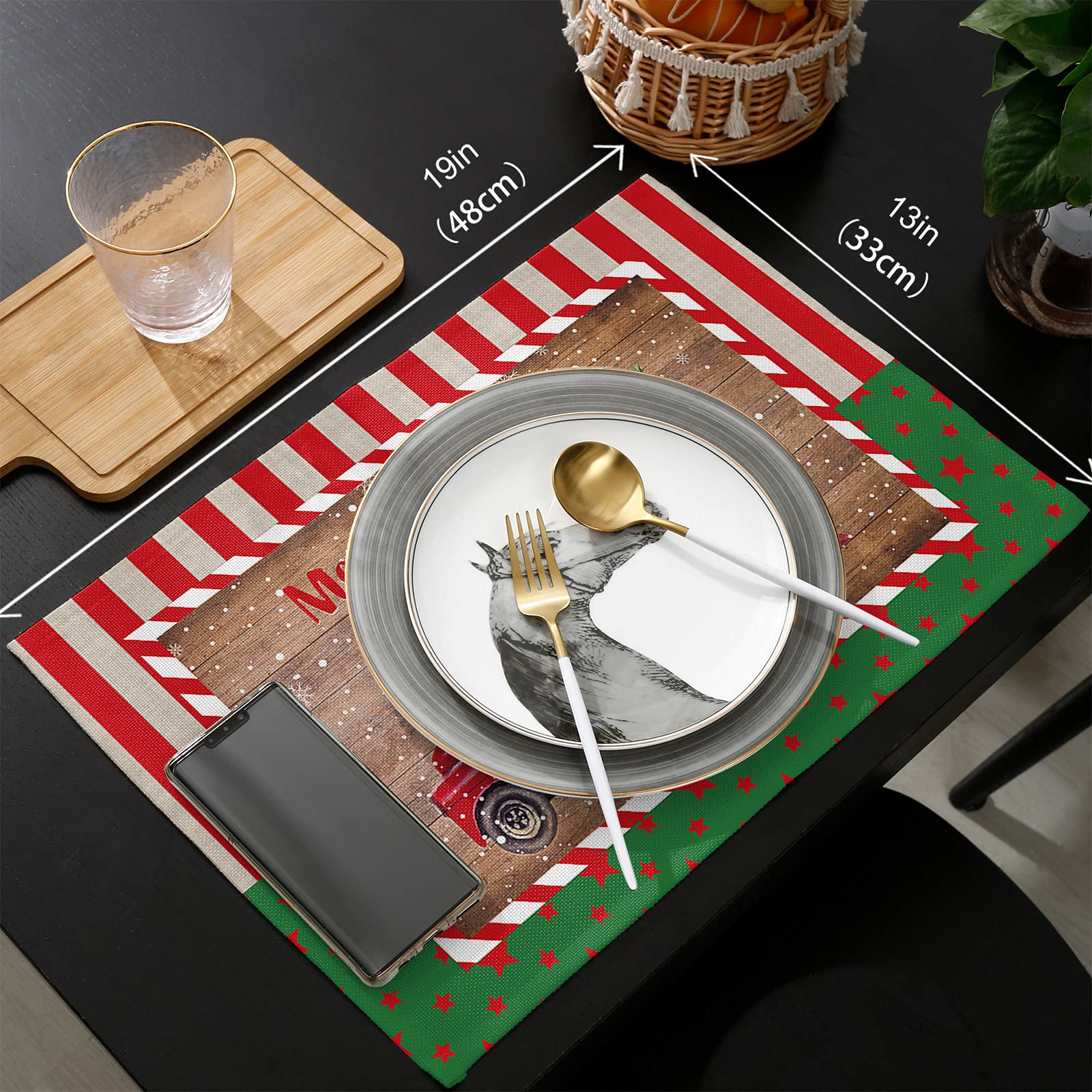 Savannan Burlap Christmas Placemats Set - 6pcs Rustic Holiday Table Mats & 1 Red Stripe Snowflake Table Runner for Farmhouse Decor, Xmas Party, Dining Table Setting, Winter Home Decoration