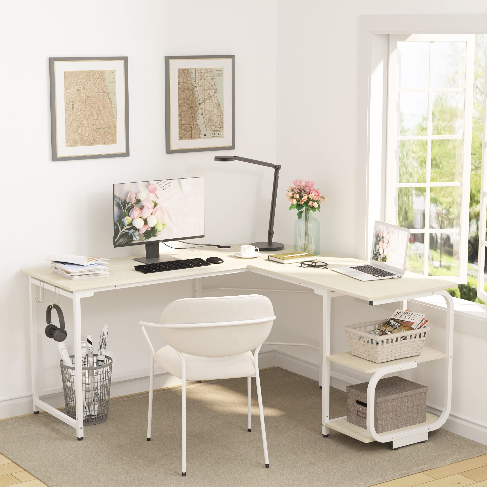 L Shaped Desk with Storage Shelves - Reversible Corner Computer Desk for Home Office & Gaming - Modern L-Shaped Workstation with Spacious Desktop (Beige) - Perfect for Small Spaces, Remote Work & PC Gaming Setups