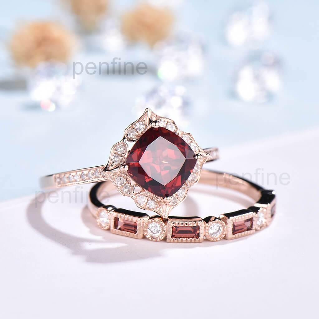 Floral Garnet and Diamond Wedding Ring Set - January Birthstone Jewelry for Engagement, Anniversary & Special Occasions