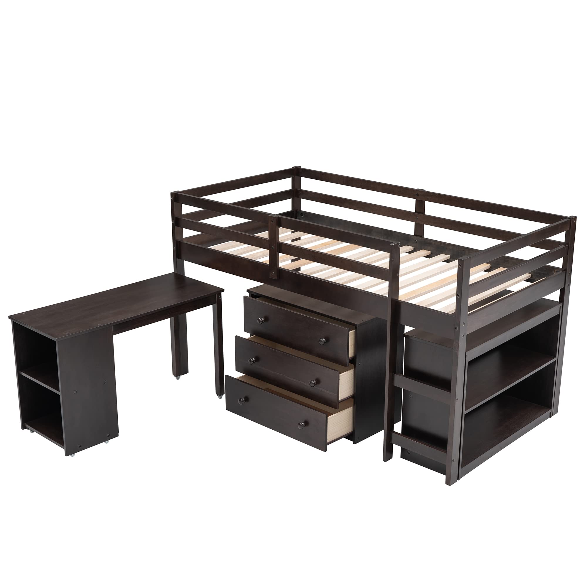 Twin Size Loft Bed with Desk and Cabinet - Low Study Loft Bed Frame for Kids & Teens - Rolling Portable Desk Included - Espresso Finish - Perfect for Small Bedrooms, Dorms & Study Spaces