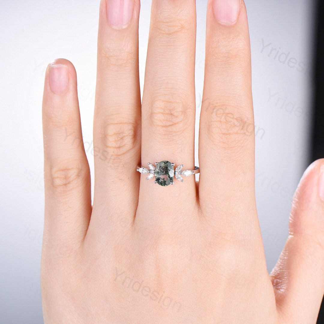 1.5CT Oval Natural Moss Agate Engagement Ring with Diamond Accents | Vintage Art Deco Wedding Band | Green Crystal Anniversary Jewelry for Women | Perfect for Proposals, Weddings & Special Occasions