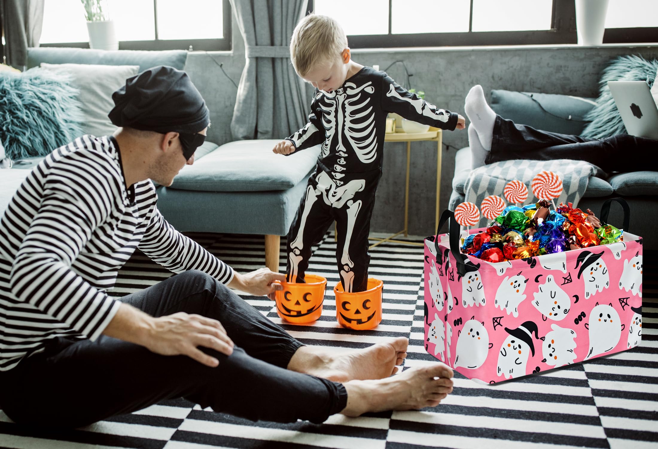 Pink Ghost Pattern Halloween Storage Basket - Canvas Storage Bin with Handles, Rectangle Storage Cube Organizer for Bedroom, Living Room, Office - Perfect for Holiday Decor, Gift Wrapping & Home Organization