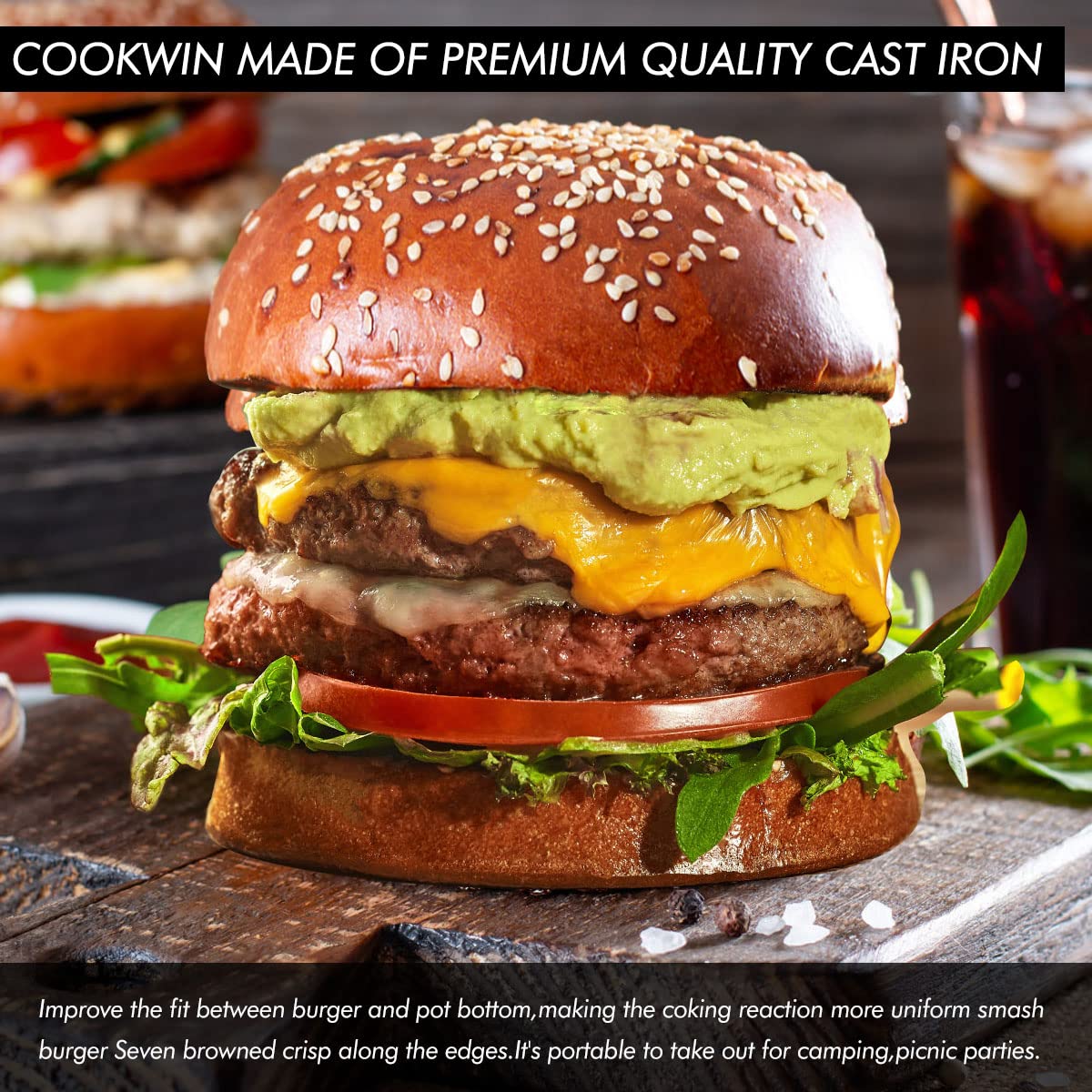 Heavy Duty 6 Inch Cast Iron Smash Burger Press with Heat Insulation Handle - Bacon Press, Sandwich Press & Round Grill Press for Griddle - Includes 50 PC Patty Papers - Perfect for BBQ, Backyard Grilling & Restaurant Use