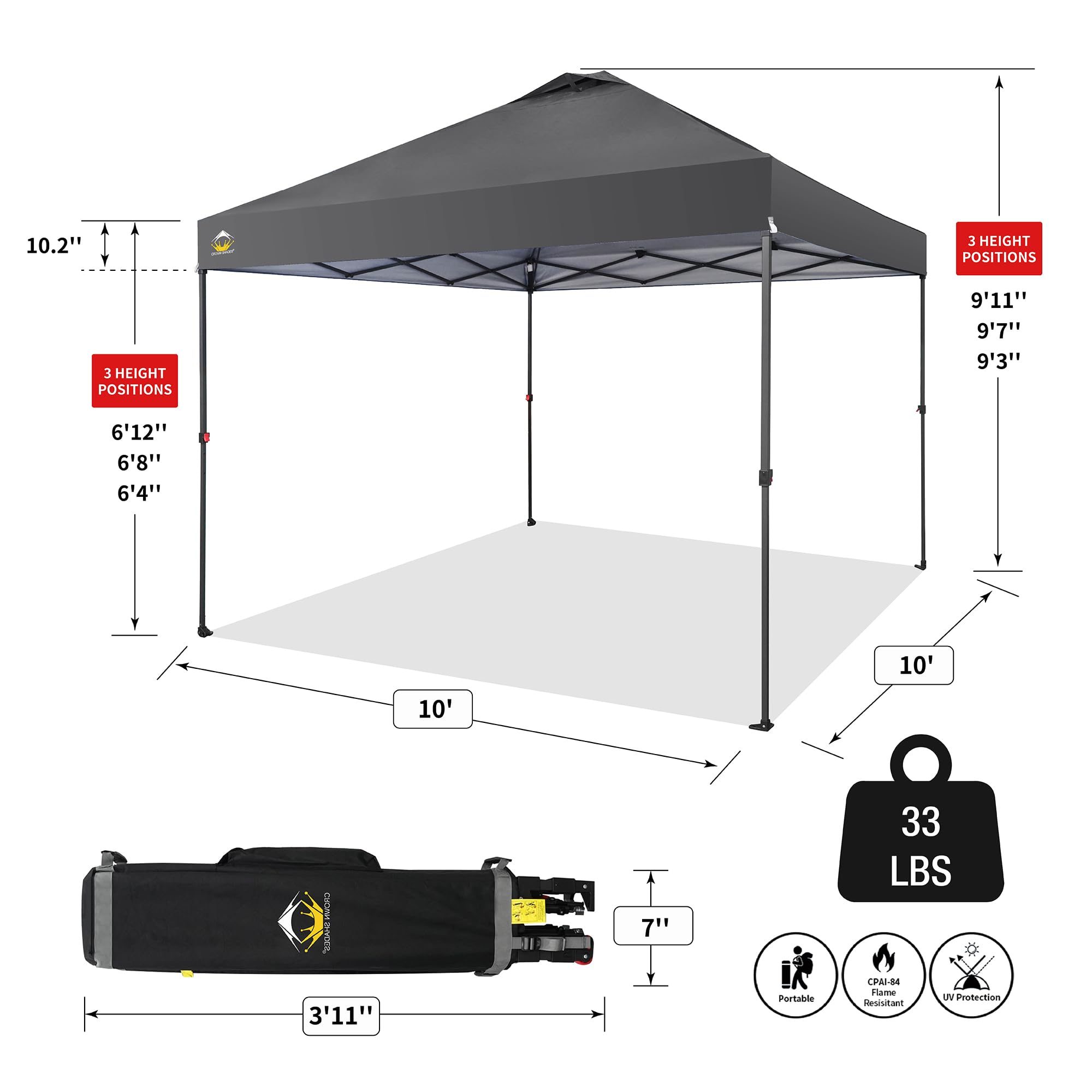 CROWN SHADES 10x10 Pop Up Canopy Tent - Instant One Push Setup Beach & Outdoor Canopy with Silver Coated Top - Includes STO-N-Go Carry Bag, 3 Adjustable Heights & 4 Sand Bags (Grey) - Perfect for Beach Trips, Backyard Parties, Camping & Outdoor Events