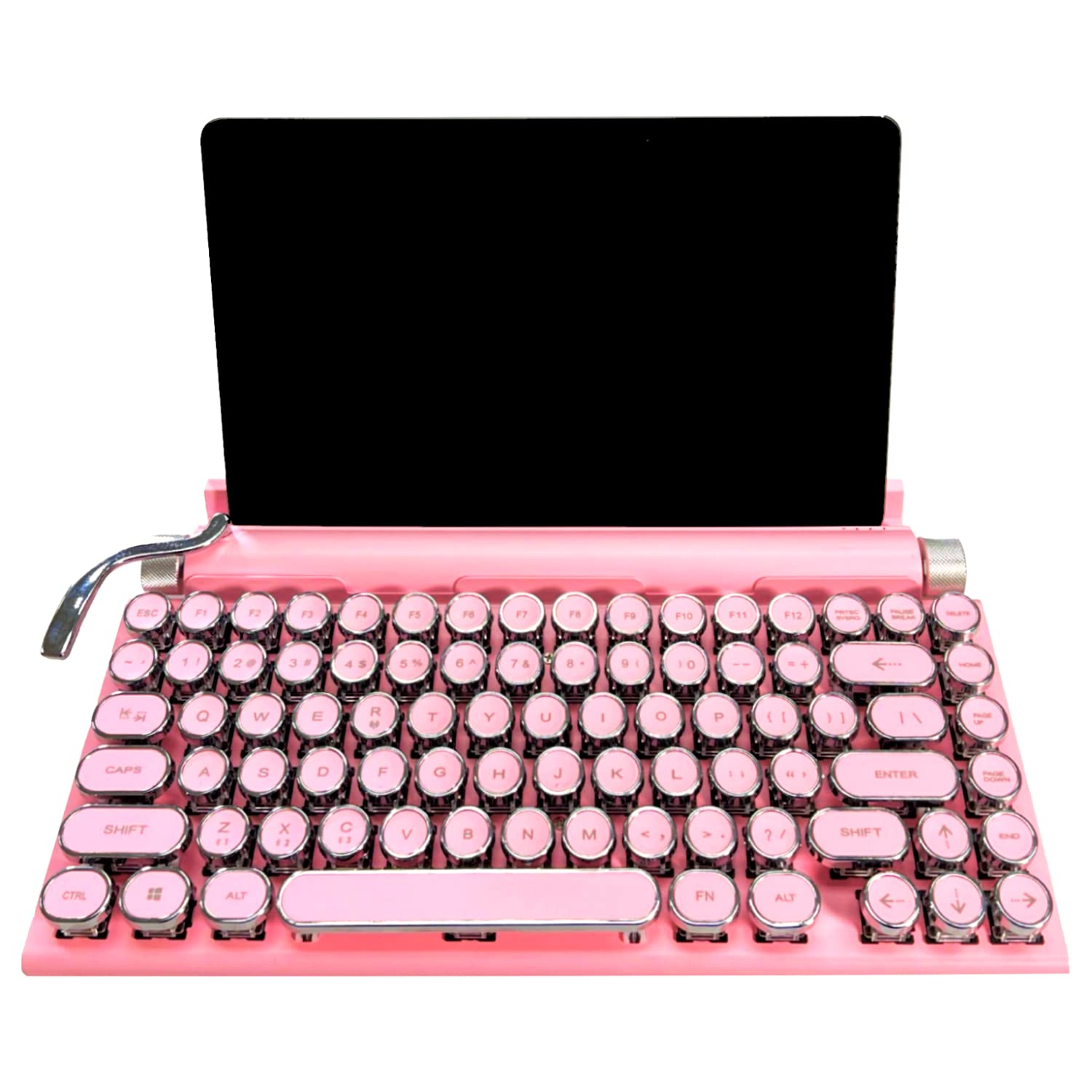 Retro Pink Typewriter Style Mechanical Keyboard - Wireless Bluetooth USB, Kawaii Gaming & Vintage Steampunk Design with Cute Round Keycaps - Compatible with PC, Mac, iPad, iPhone - Perfect for Typing, Gaming, Office Work & Easter Gifts