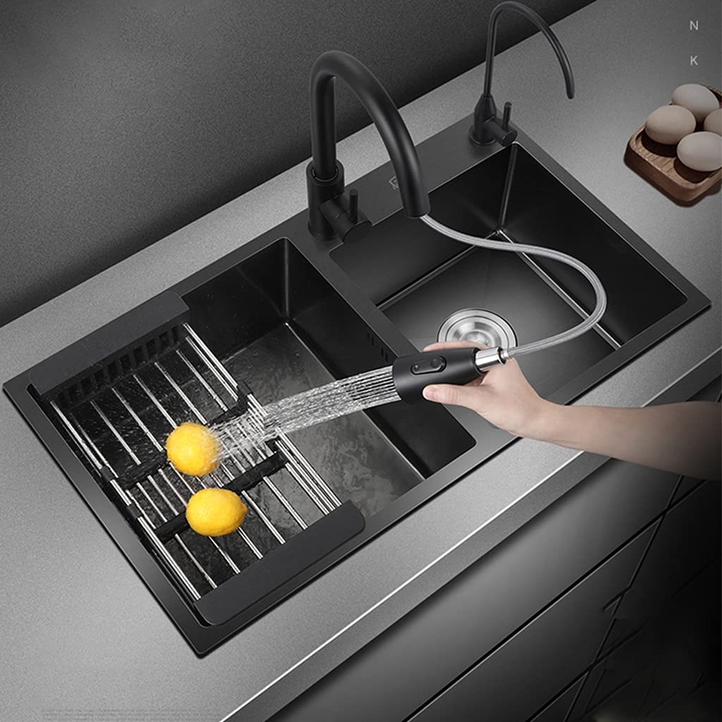 Black Stainless Steel Kitchen Sink with Faucet - Large Capacity Double Basin Nano Sink with Drain & Soap Dispenser - Perfect for Modern Homes & Restaurant Kitchens