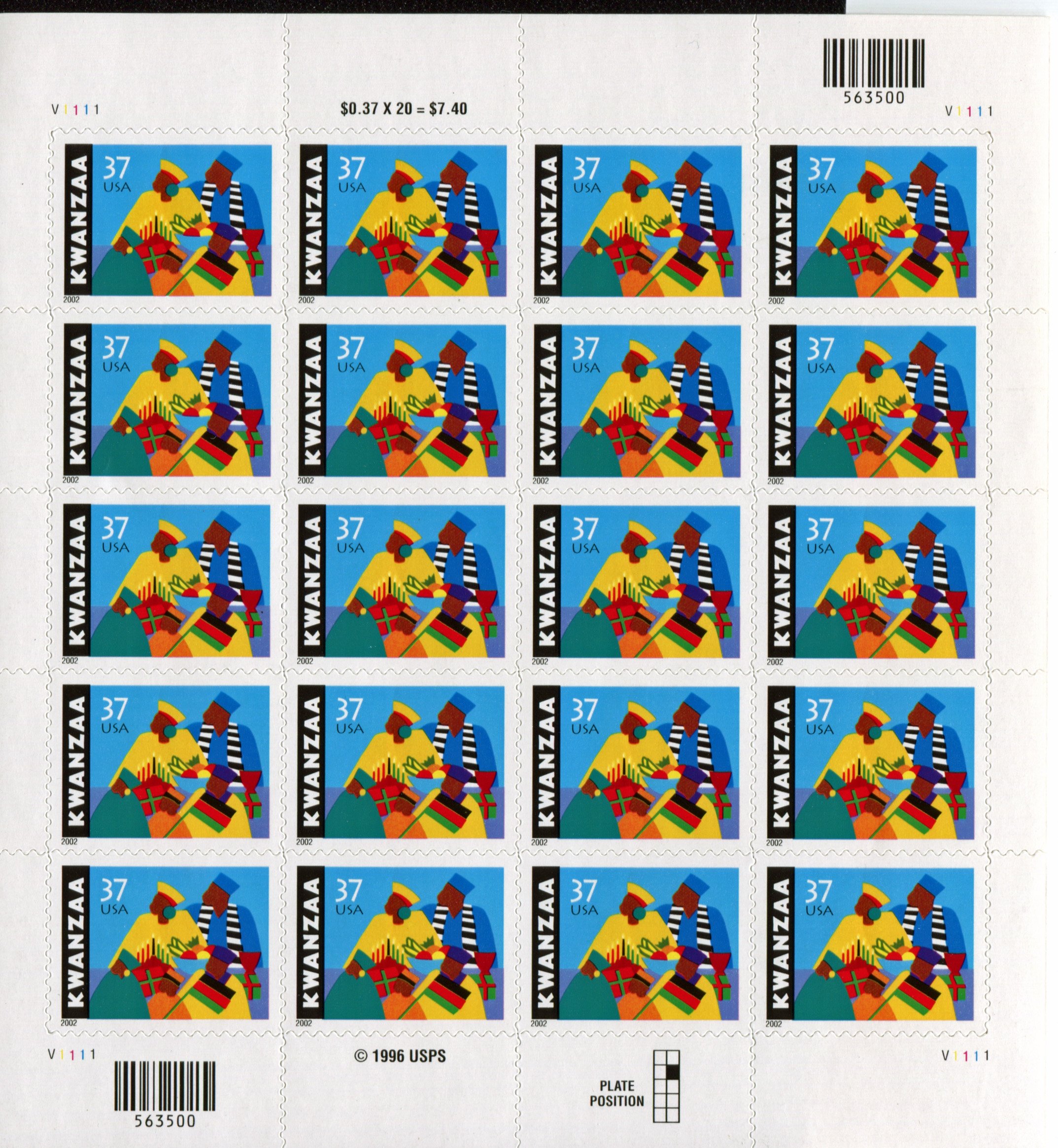 USPS 2002 Kwanzaa Commemorative Stamps - Sheet of Twenty 37 Cent Postage Stamps Scott #3673 | Perfect for Collectors, Holiday Mail & Philatelic Gifts