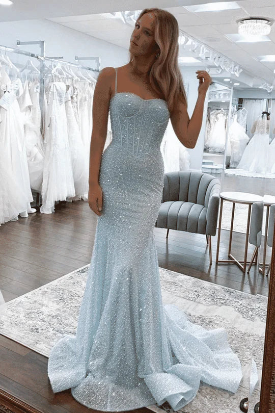 Sparkling Blue Prom Formal Dress Long Mermaid Gown with Spaghetti Straps - Perfect for Homecoming, Evening Gala & Special Occasions