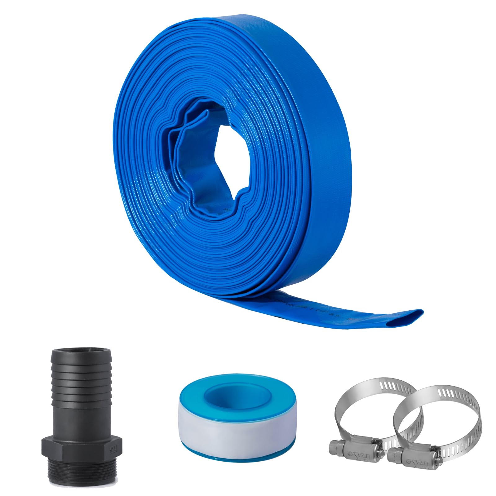 Eastrans 1.5 Inch x 50 Feet Heavy Duty Pool Backwash Hose Kit with Male NPT Adapter - Reinforced Swimming Pool Drain Hose with 2 Clamps & Thread Seal Tape (6 Bar Pressure) - Perfect for Pool Maintenance, Water Drainage & Pump Discharge Applications