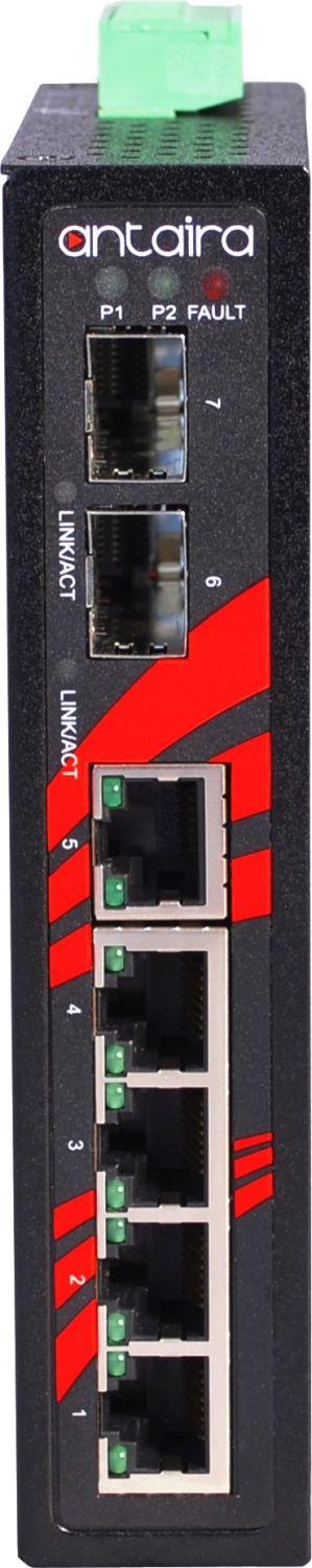 Antaira LNX-0702C-SFP Industrial 7-Port Fast Ethernet Switch with 2 SFP Slots, DIN Rail Mount, -10°C to 70°C Operating Temp, 12-48VDC Redundant Power - Ideal for Factory Automation, SCADA Systems & Harsh Industrial Environments