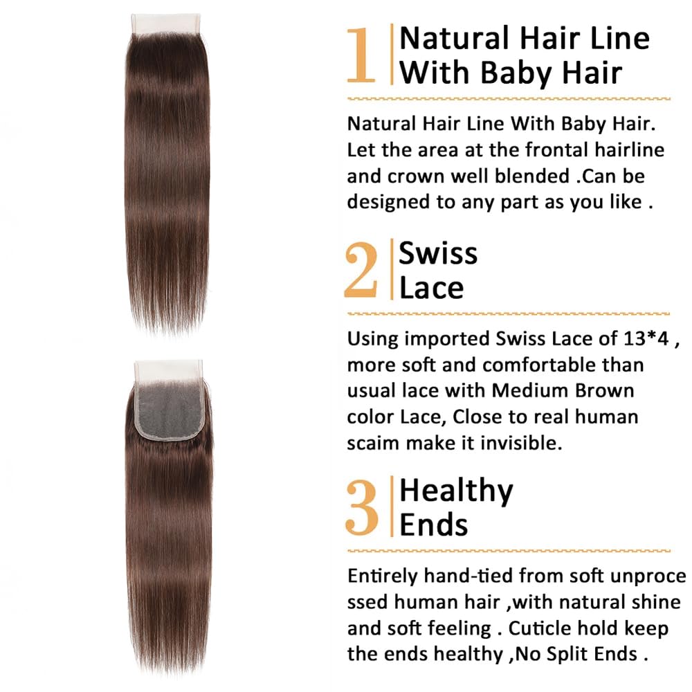 100% Unprocessed Brazilian Virgin Human Hair Bundles - 9A Grade Brown Hair Extensions for Sew-In Weave (18, 20, 22 +16 Inches) | Natural Looking Hair Replacement for Daily Styling & Special Occasions