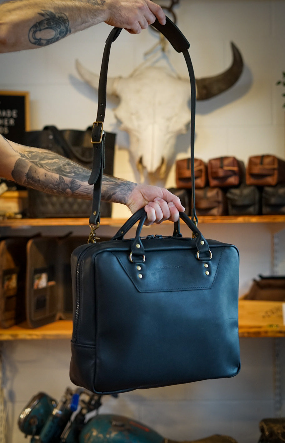 Professional Business Bag for Men & Women - Flat Black with Brush Brass Hardware - Stylish Work Tote for Office, Commute & Business Travel