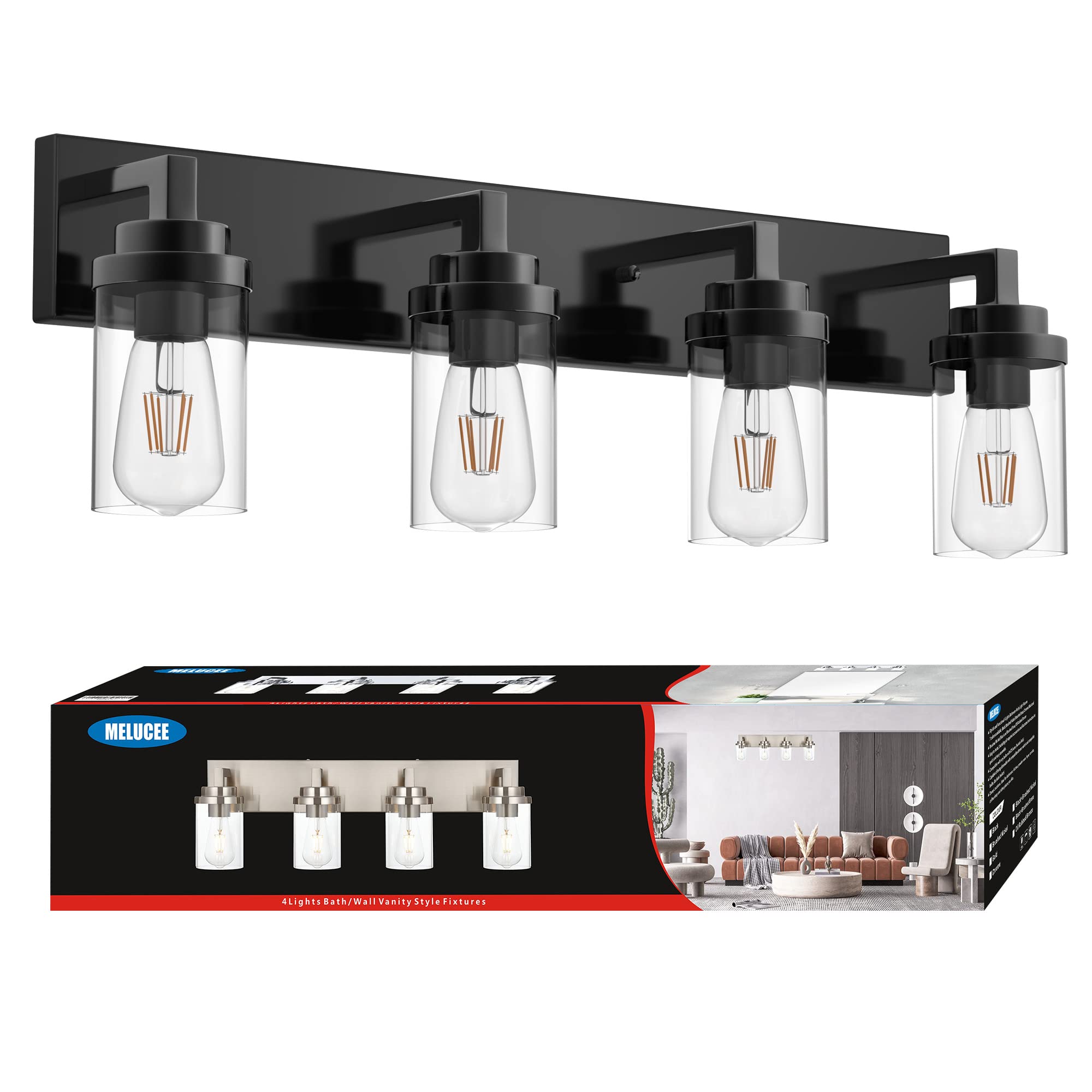 MELUCEE 4-Light Farmhouse Vanity Lights - Black Industrial Wall Mount Bathroom Mirror Lighting with Clear Glass Shade - Perfect for Bedroom, Kitchen, Hallway & Bathroom Decor
