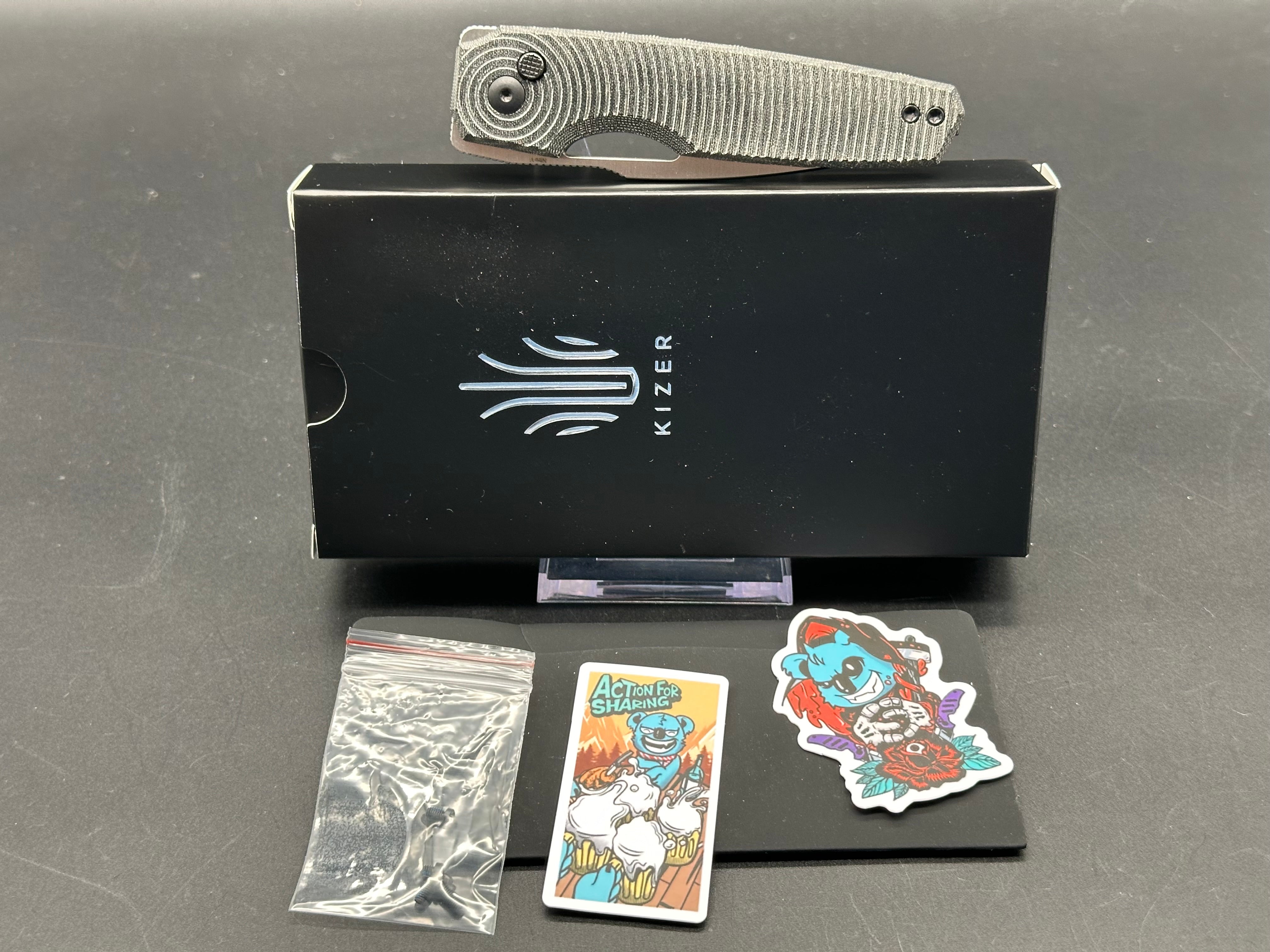 KIZER DOGFISH Button Lock Folding Knife - Black Micarta Handle, Nitro-V Steel Blade, Drop Point Plain Edge - EDC, Outdoor, Camping & Survival Knife
