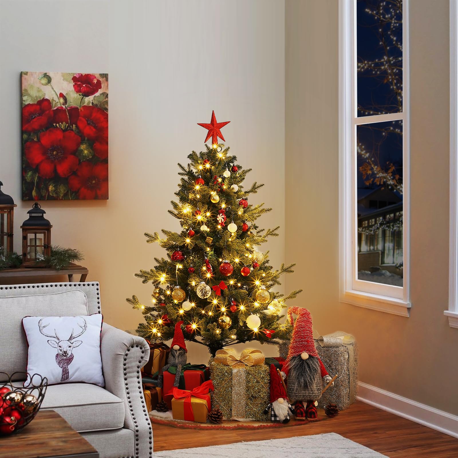 GARVEE 4 Ft Pre-Lit Artificial Christmas Tree with 150 Warm White LED Lights | 265 Branch Tips | Easy Assembly Indoor/Outdoor Holiday Decor for Home, Office & Party