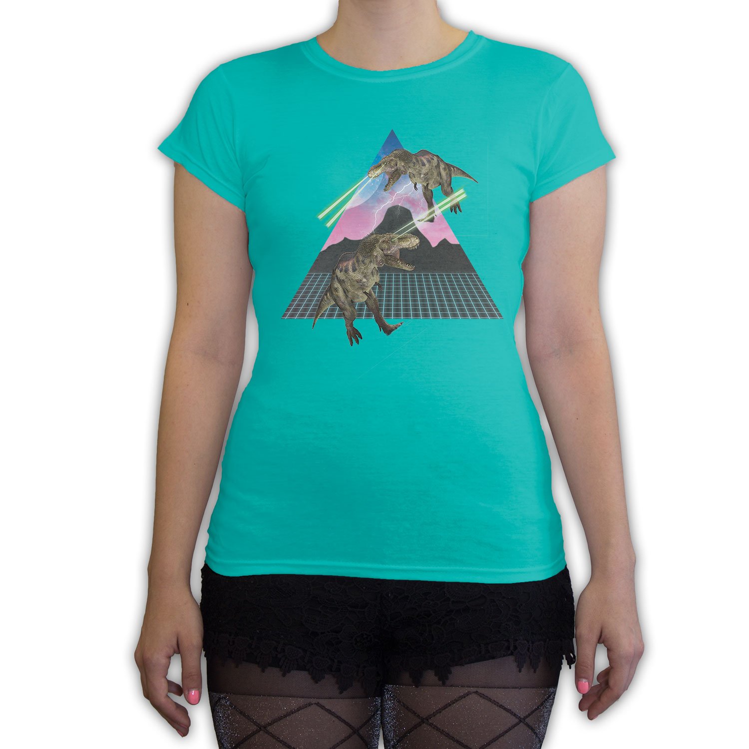 Laser T-Rex Graphic Women's Fashion T-Shirt - Stylish Dinosaur Print Teal Blue Casual Top for Women | Perfect for Everyday Wear, Street Style & Dinosaur Lovers