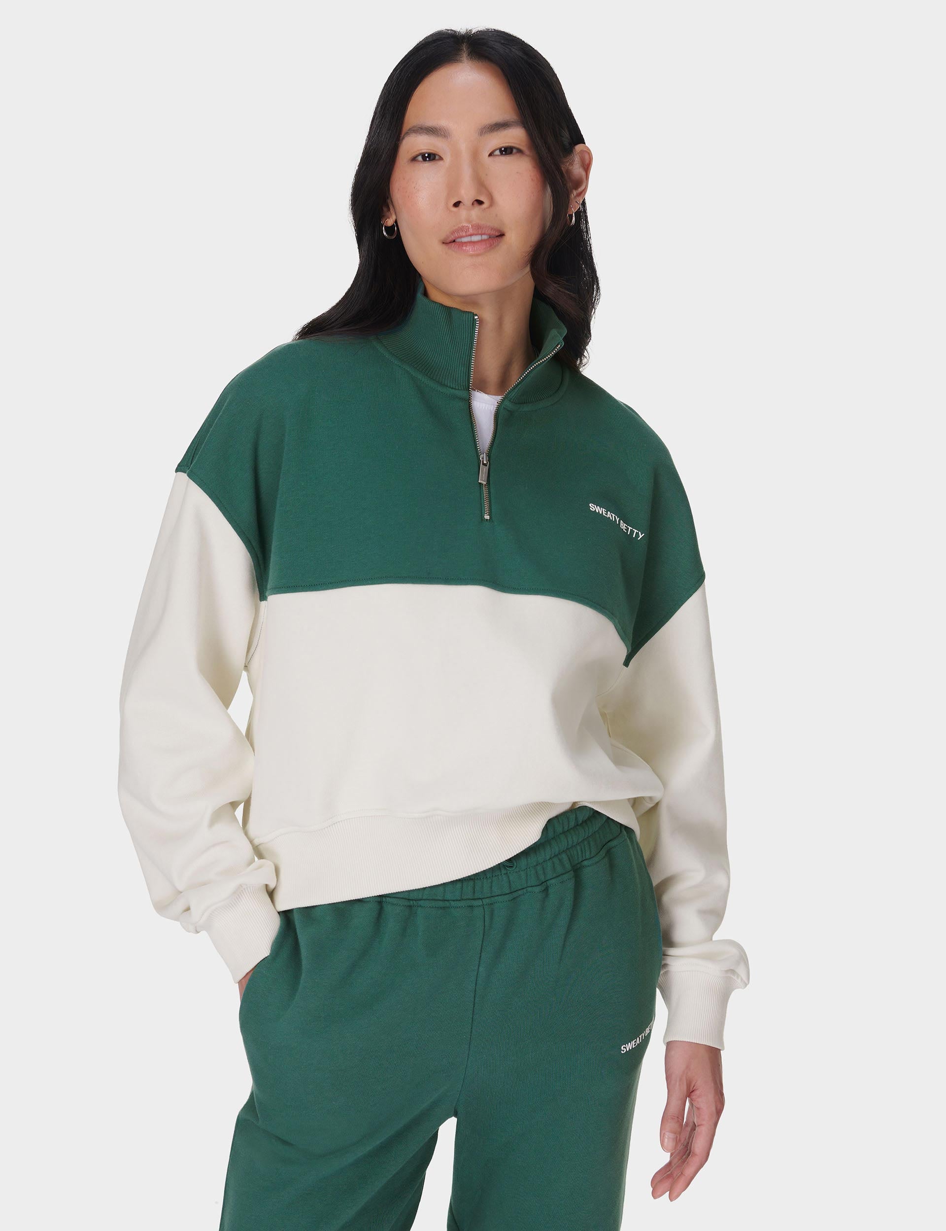Revive Crop Half Zip Sweatshirt - Glade Green Color Block Pullover for Women | Trendy Casual Wear for Gym, Yoga & Street Fashion
