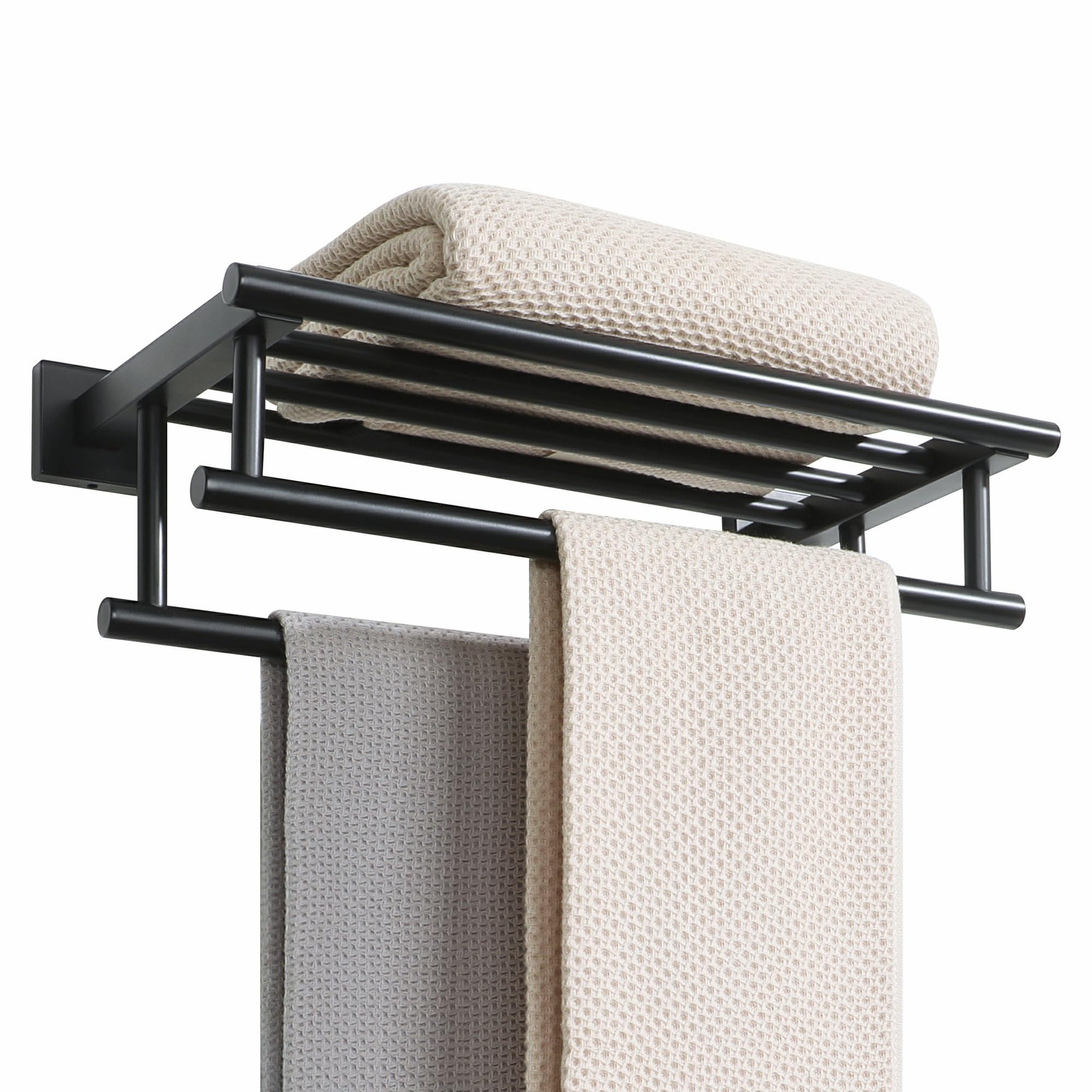 Stainless Steel Towel Rack - 16 Inch Double Towel Bar Holder with Shelf for Bathroom, Lavatory & Kitchen - SUS 304 Wall Mount Hanger in Matte Black - Perfect for Spa, Gym & Home Decor