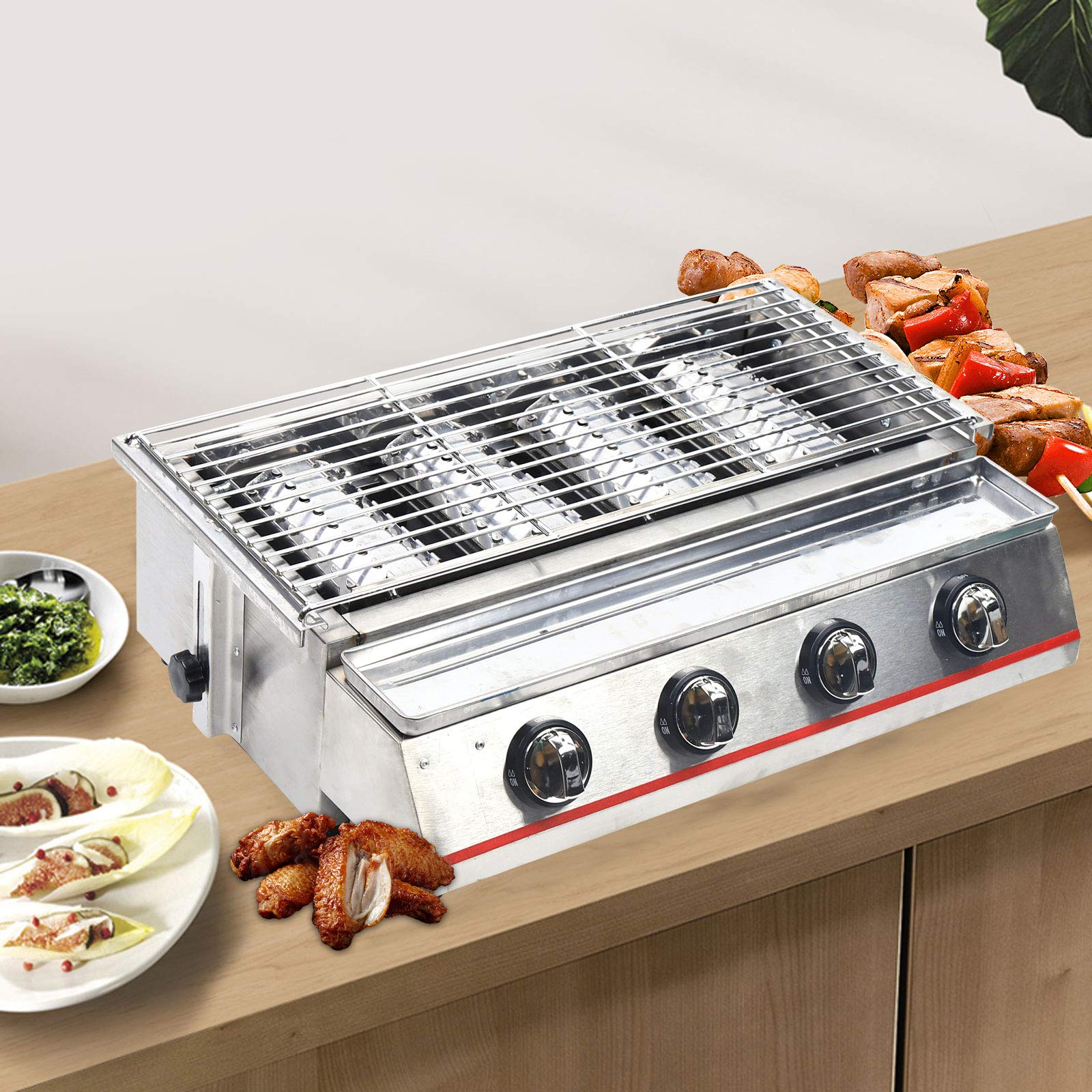 4-Burner Commercial Gas BBQ Grill - 2800PA LPG Outdoor Tabletop Cooker, Stainless Steel Multi-Function Grill for Backyard, Camping & Tailgating Parties