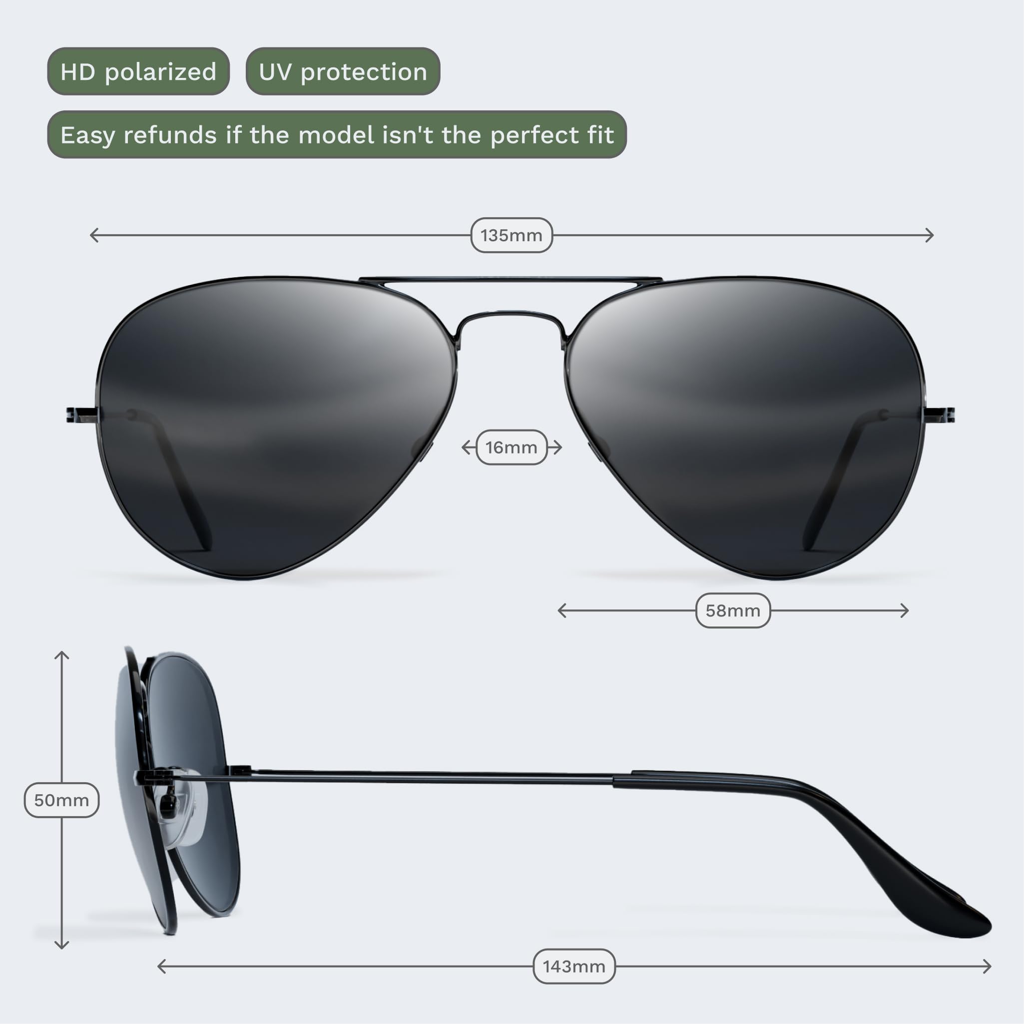 Livho Polarized Aviator Sunglasses for Men & Women - UV 400 Protection Metal Mirror Lens - Perfect for Driving, Beach & Outdoor Activities