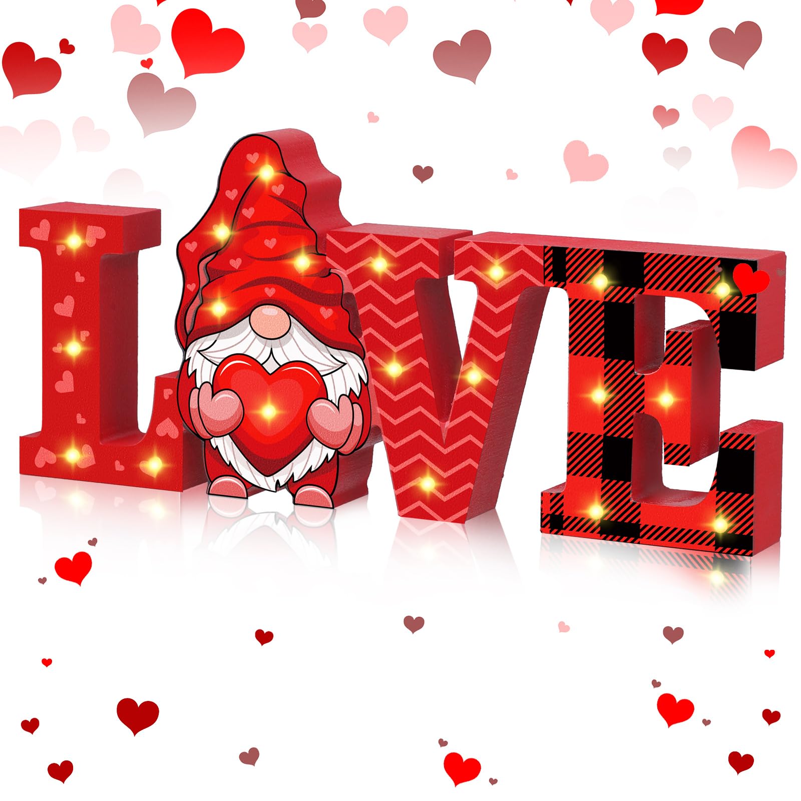 4 Pcs Valentine's Day LED Gnome Wooden Love Sign - Romantic Light Up Table Centerpiece Decor for Home, Wedding, Party, Fireplace, Desk & Office - Perfect Valentine's Gifts for Couples, Anniversary & Romantic Occasions
