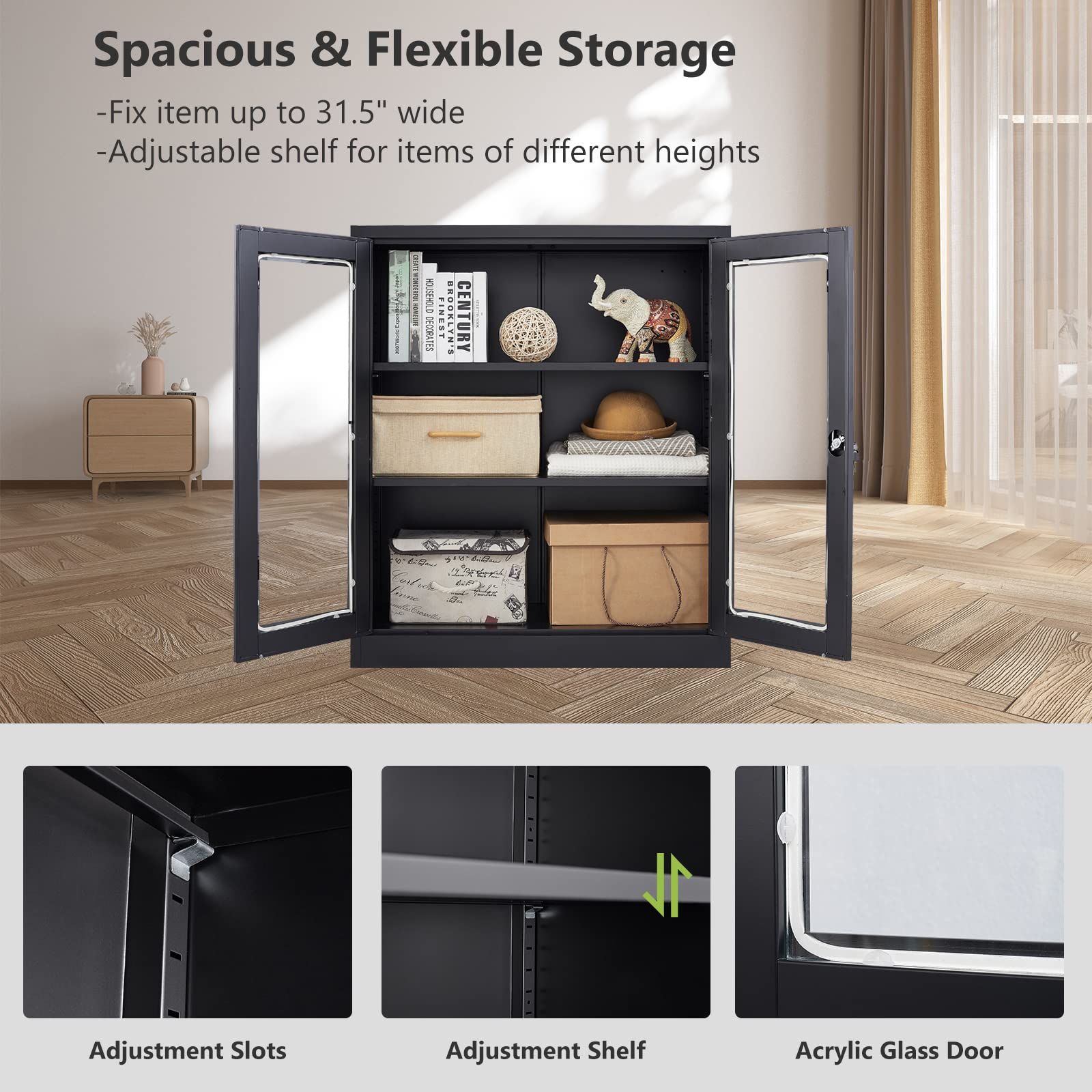 Metal Storage Cabinet with Glass Doors - Adjustable Shelves & Lockable Display for Home, Living Room, Hallway | Modern Sideboard & Bookcase for Collectibles, China, Decor