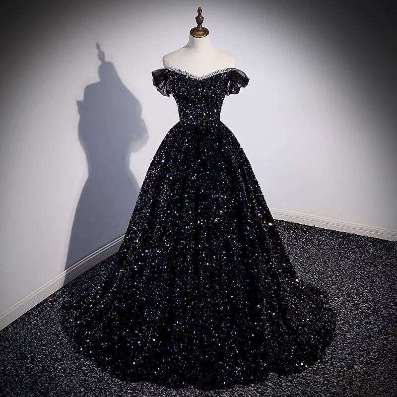 Elegant Off-The-Shoulder A-Line Sequin Long Prom Dress J3090 for Homecoming, Formal Dances & Special Occasions