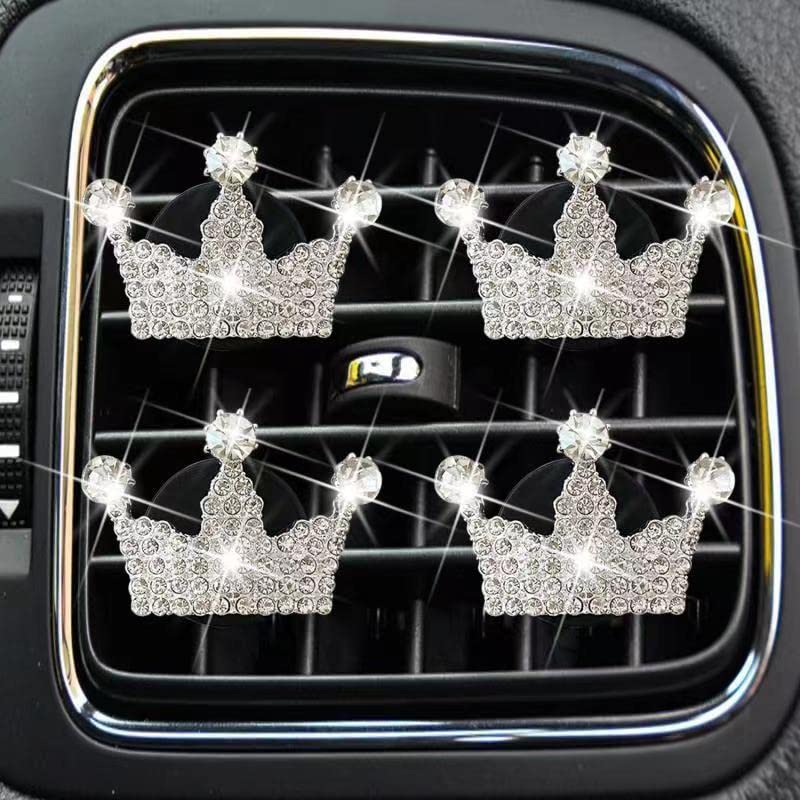 4PCS Bling Crown Car Air Vent Clips - Elegant Car Air Freshener & Diffuser with Sunflower Mask Hook - Cute Car Interior Decor for Women - Perfect for Daily Commute, Road Trips & Gift Giving