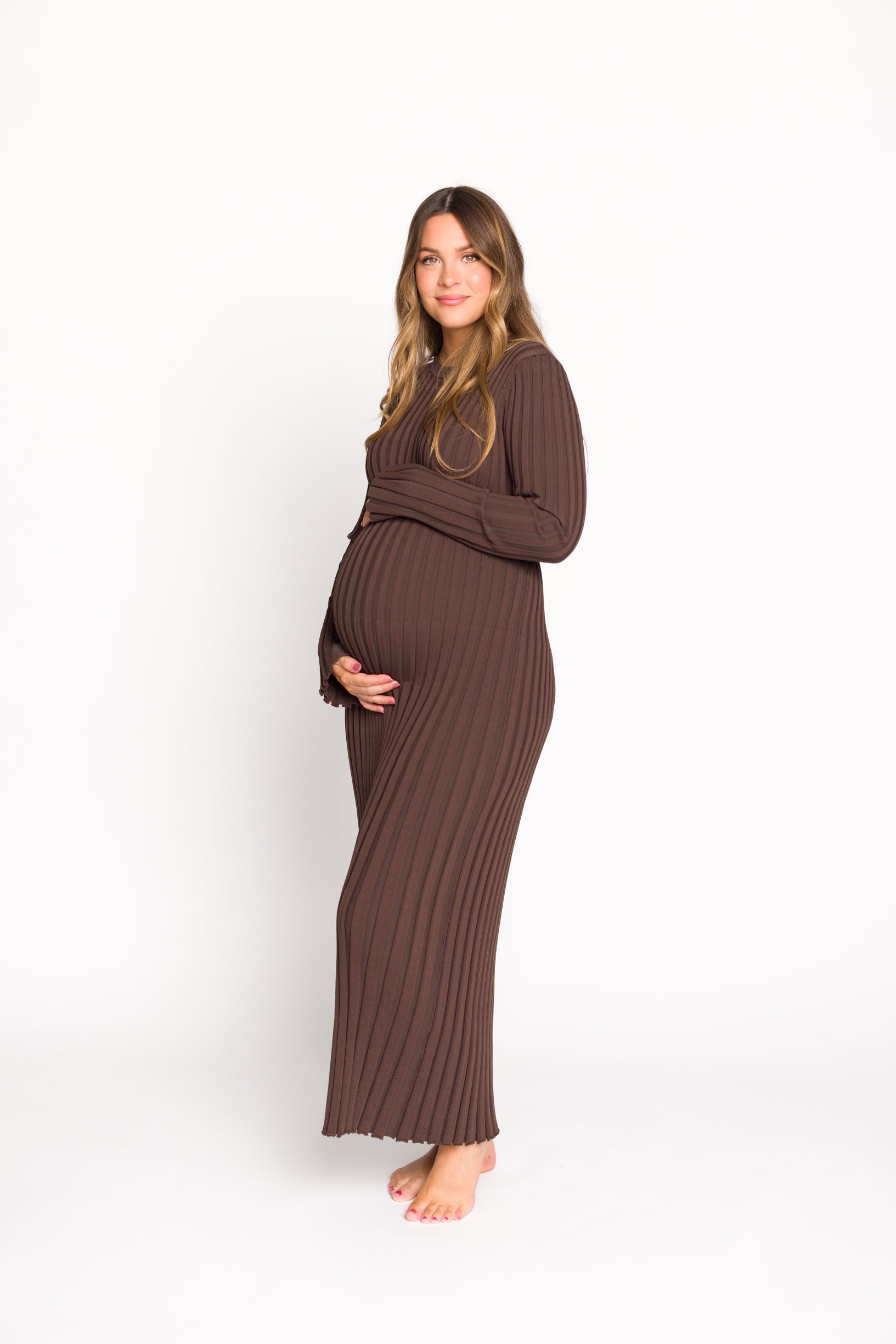 Colette Premium Long Sleeve Ribbed Knit Maxi Dress - Brown Maternity Dress for Pregnancy | Bump Friendly, Comfortable & Stylish for Casual Outings, Date Nights & Special Occasions