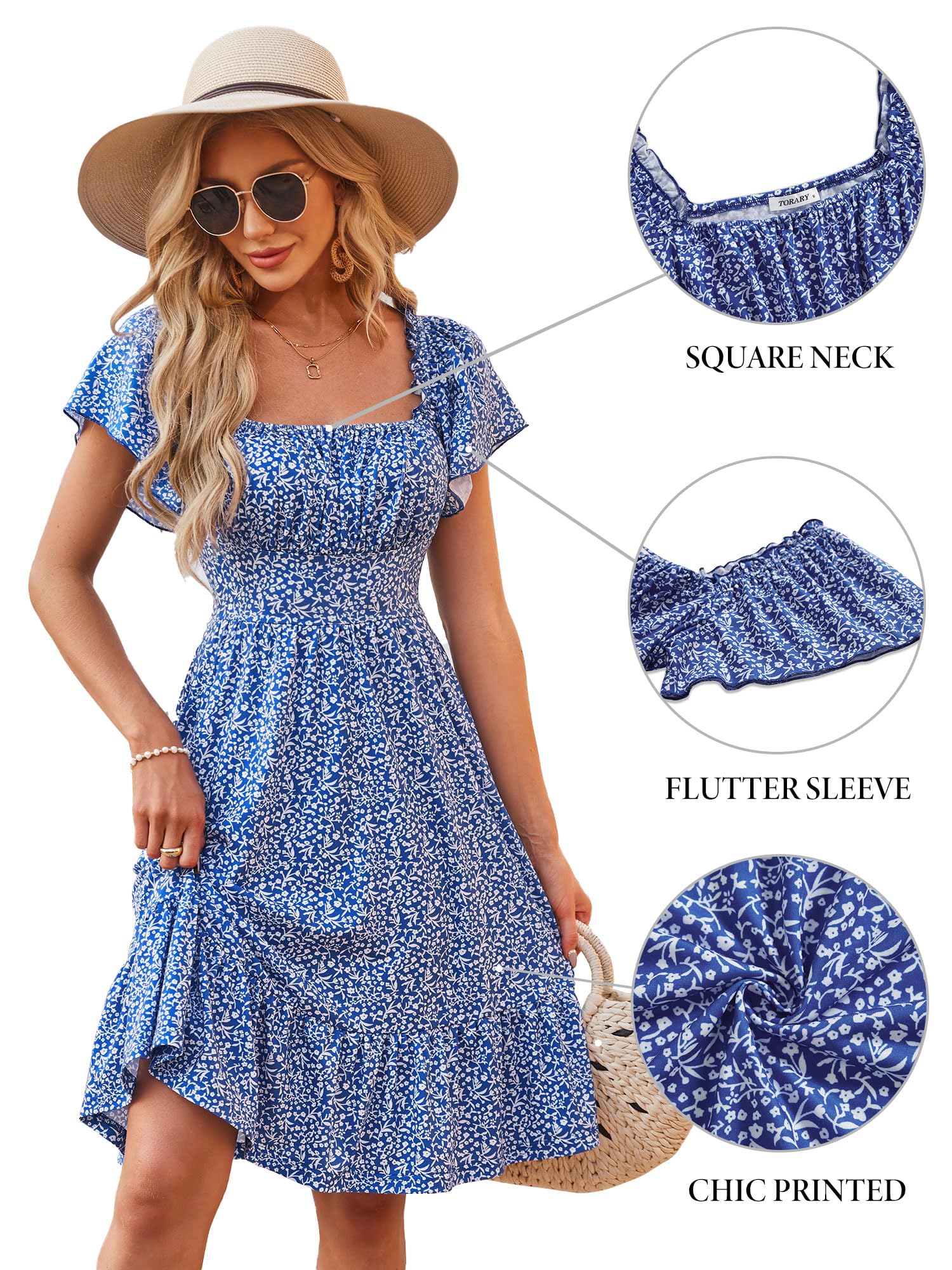 TORARY Women's Cute Summer Dresses 2024 - Flutter Sleeve Square Neck Casual Sundress for Spring & Summer | Perfect for Beach Vacations, Date Nights & Outdoor Parties