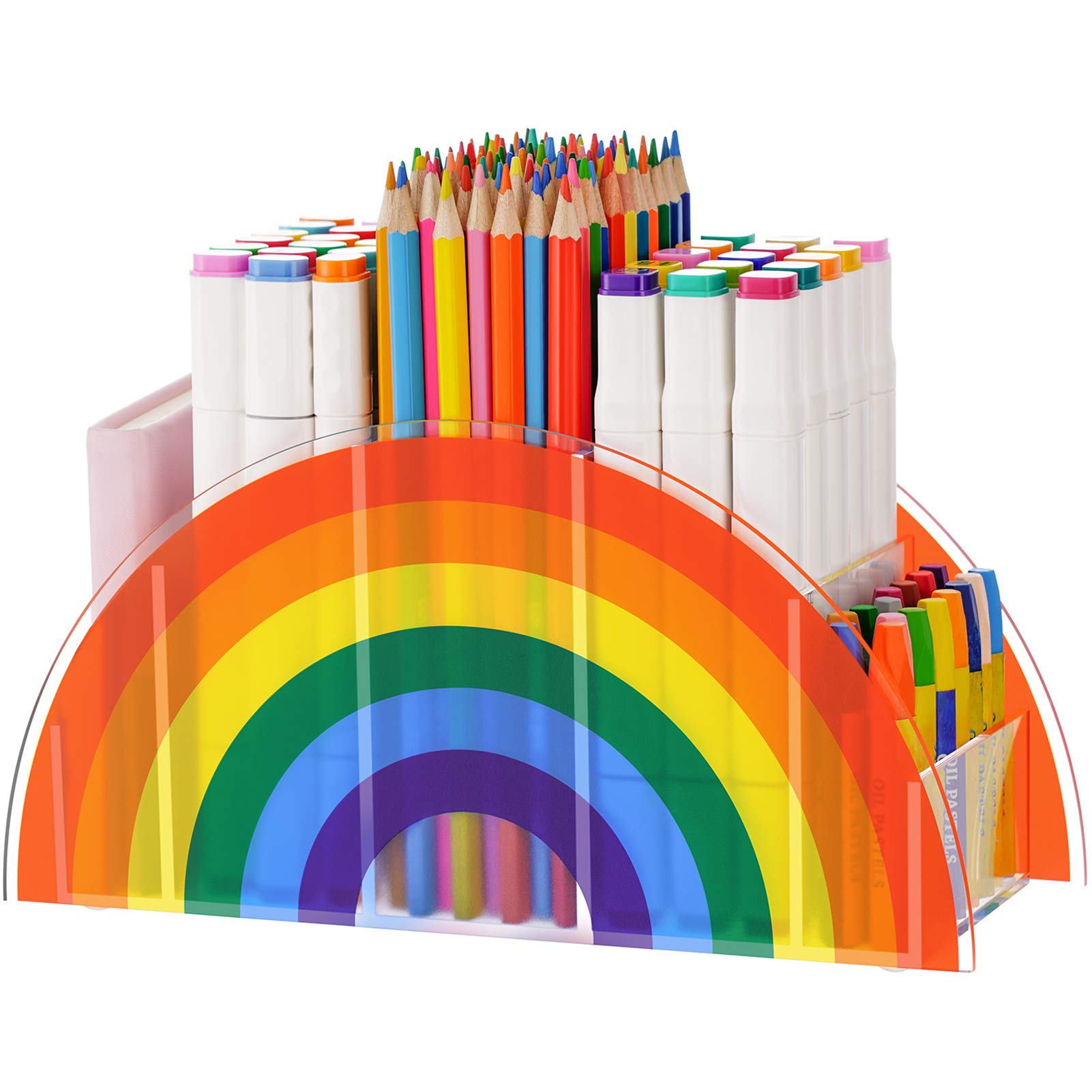 VITVITI Clear Acrylic Pen Holder - 5 Compartment Desk Organizer for Pencils, Pens & Office Supplies | Modern Desktop Storage for School, Home & Office | Perfect for Art Supplies, Stationery & Workspace Organization (Rainbow Color)