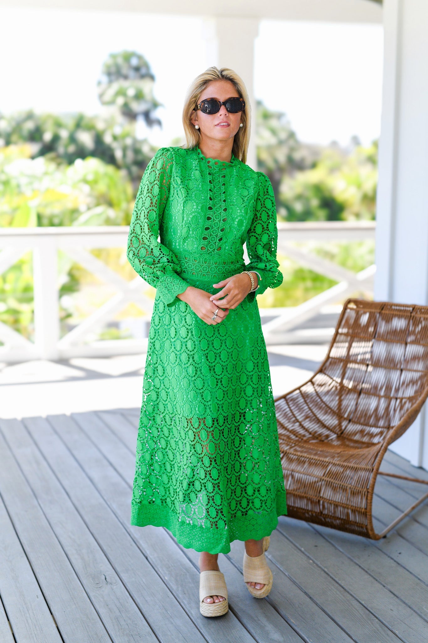 Annable Eyelet Midi Dress in Kelly Green - Floral Lace Summer Dress for Women, Perfect for Garden Parties & Brunch Dates