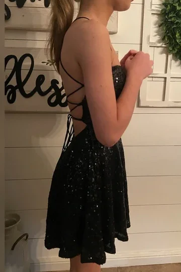 Elegant Black A-Line Sequined Sleeveless Short Homecoming Dress J6962 - Perfect for Prom, Party, and Special Occasions