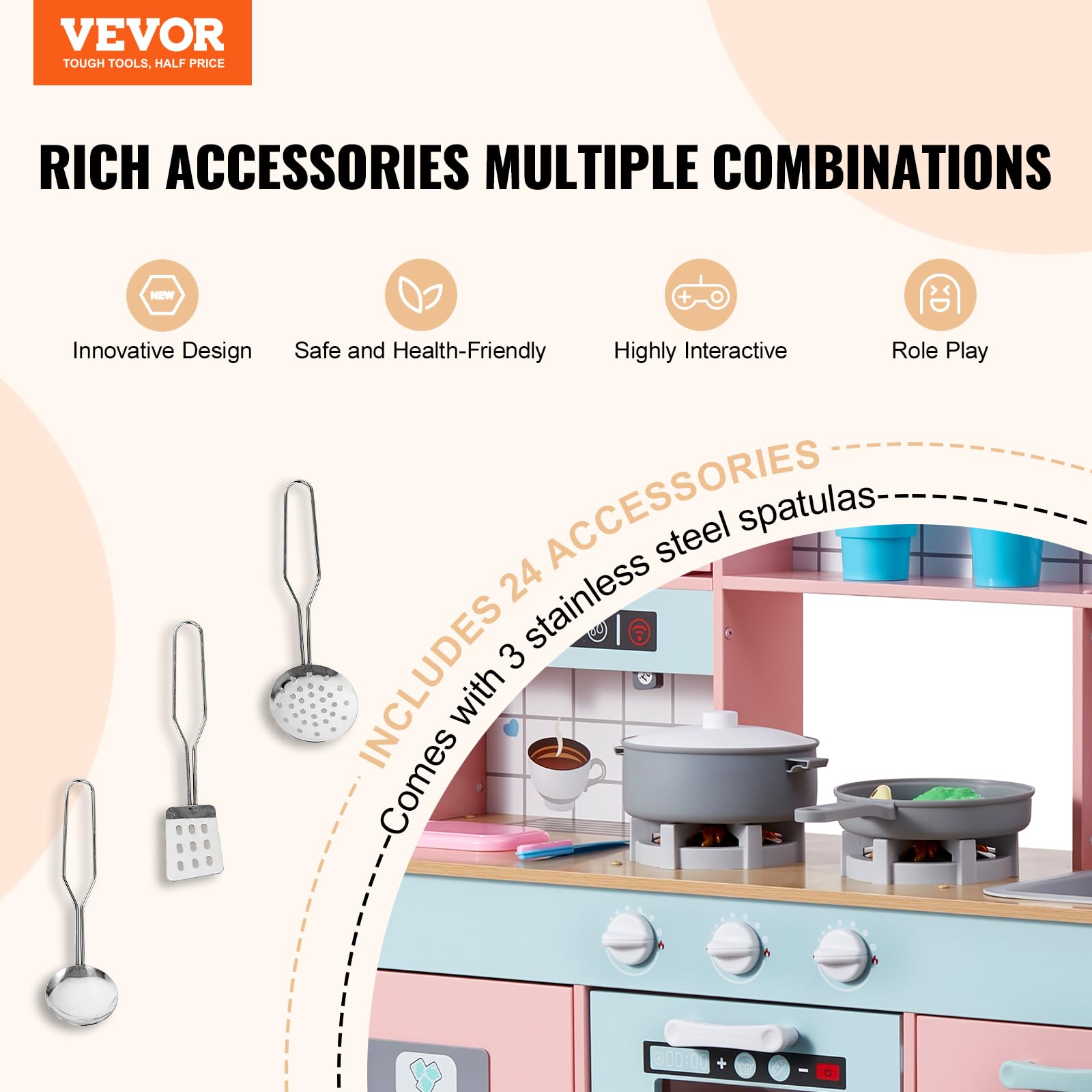VEVOR Wooden Play Kitchen Toy for Kids Ages 3-8 - Interactive Pretend Play Set with Lights, Sounds, Ice Maker, Oven, Sink, Microwave & Fridge - Includes Utensils & Fruit Accessories - Perfect for Imaginative Play, Role-Playing & Early Learning (Pink)