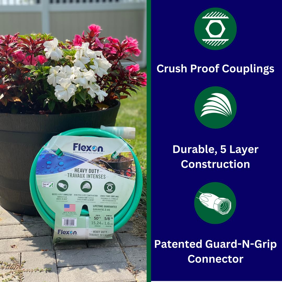 Flexon 5/8 Inch x 60 Feet Heavy Duty Garden Hose - Extra Strong, Kink-Free, Leak Proof Water Hose for Lawn, Yard, Car Washing & Outdoor Watering