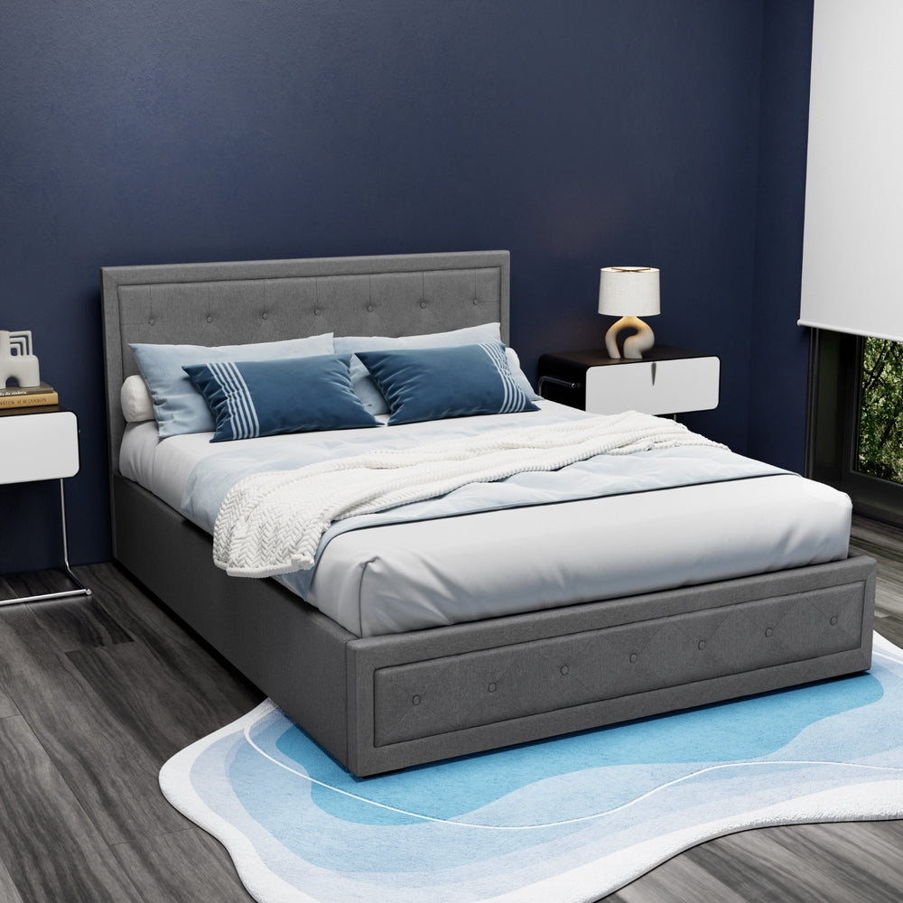 Bronte Queen Bed Frame with Storage - Grey Upholstered Platform Bed for Small Spaces & Modern Bedrooms